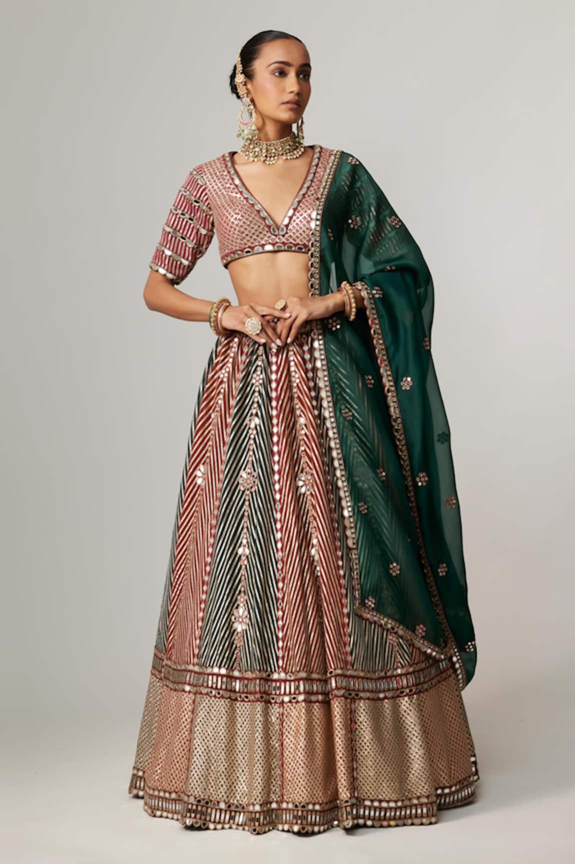 Vvani by Vani Vats Cranberry Multicolor Linear Flower Lehenga Set 