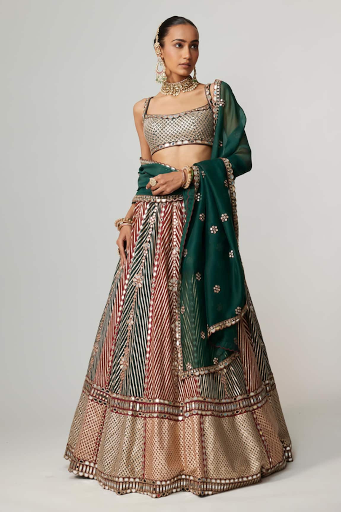 Vvani by Vani Vats Cranberry Multicolor Linear Flower Lehenga Set 
