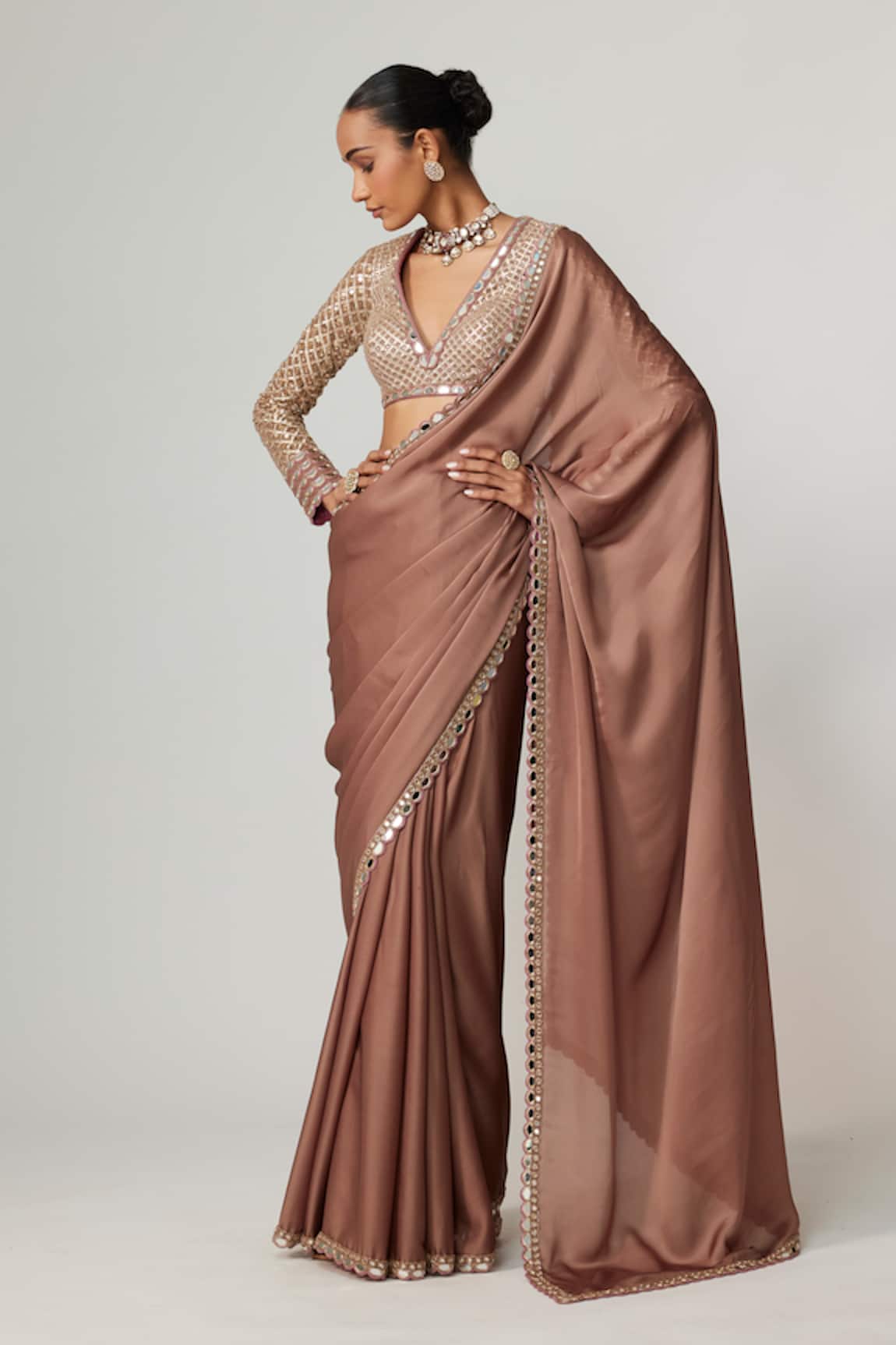 Vvani by Vani Vats Deep Beige Satin Saree Set 