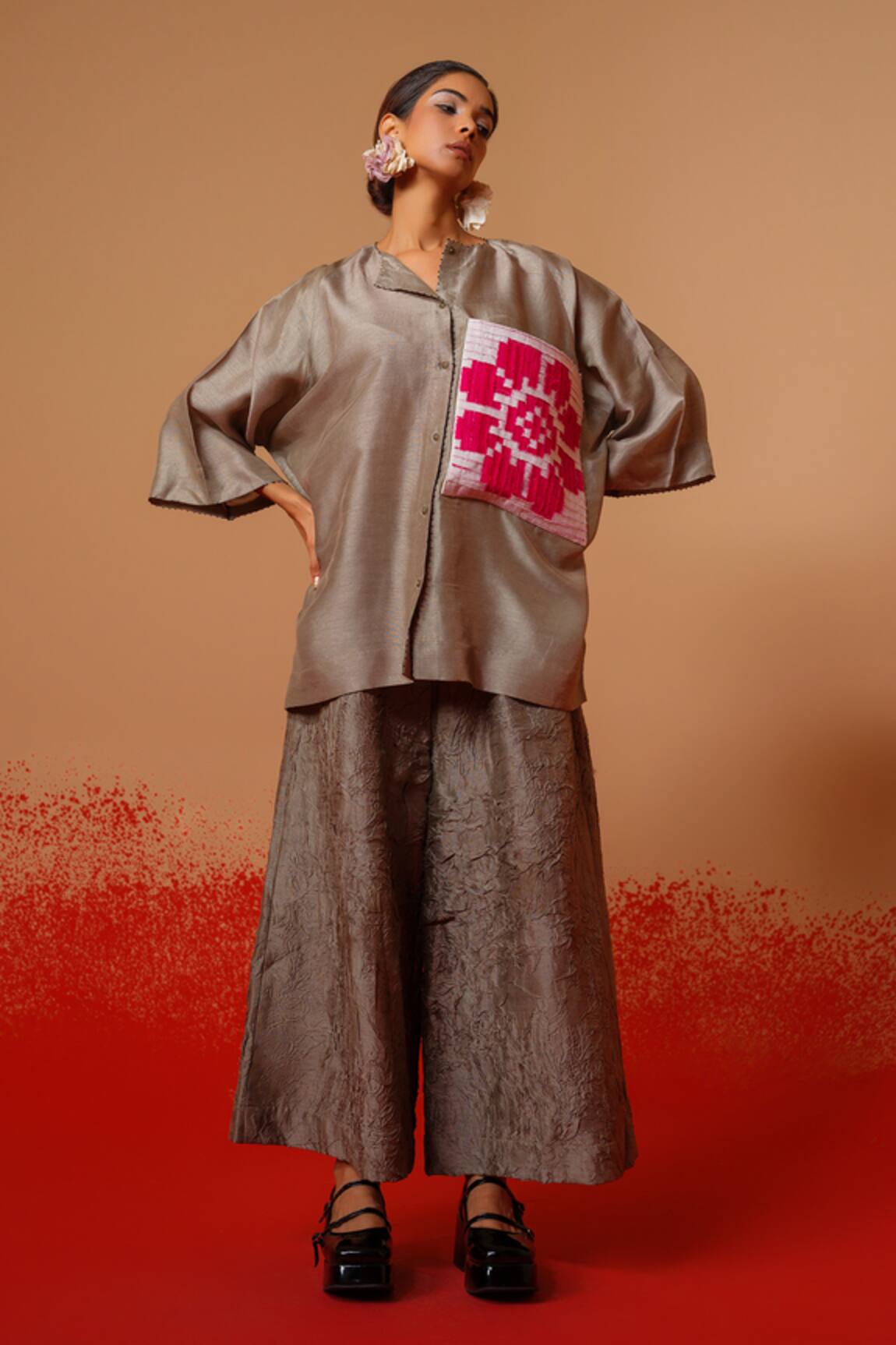 Stoique Grey Mysore Silk Flared Pant 