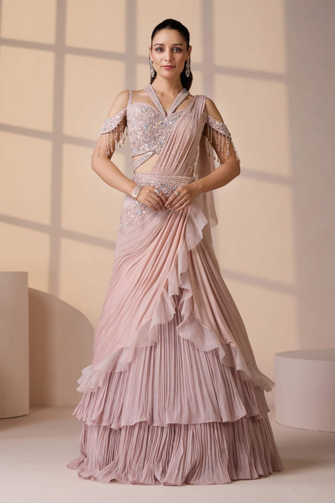 Chaashni by Maansi and Ketan Pink Sequin Embellished Fusion Lehenga Set 