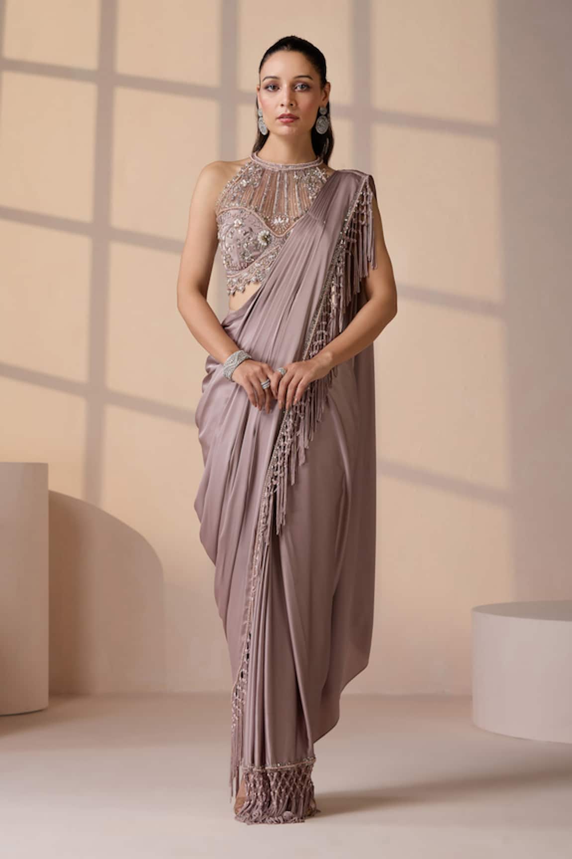 Chaashni by Maansi and Ketan Champagne Pre-Draped Designer Saree With Blouse 