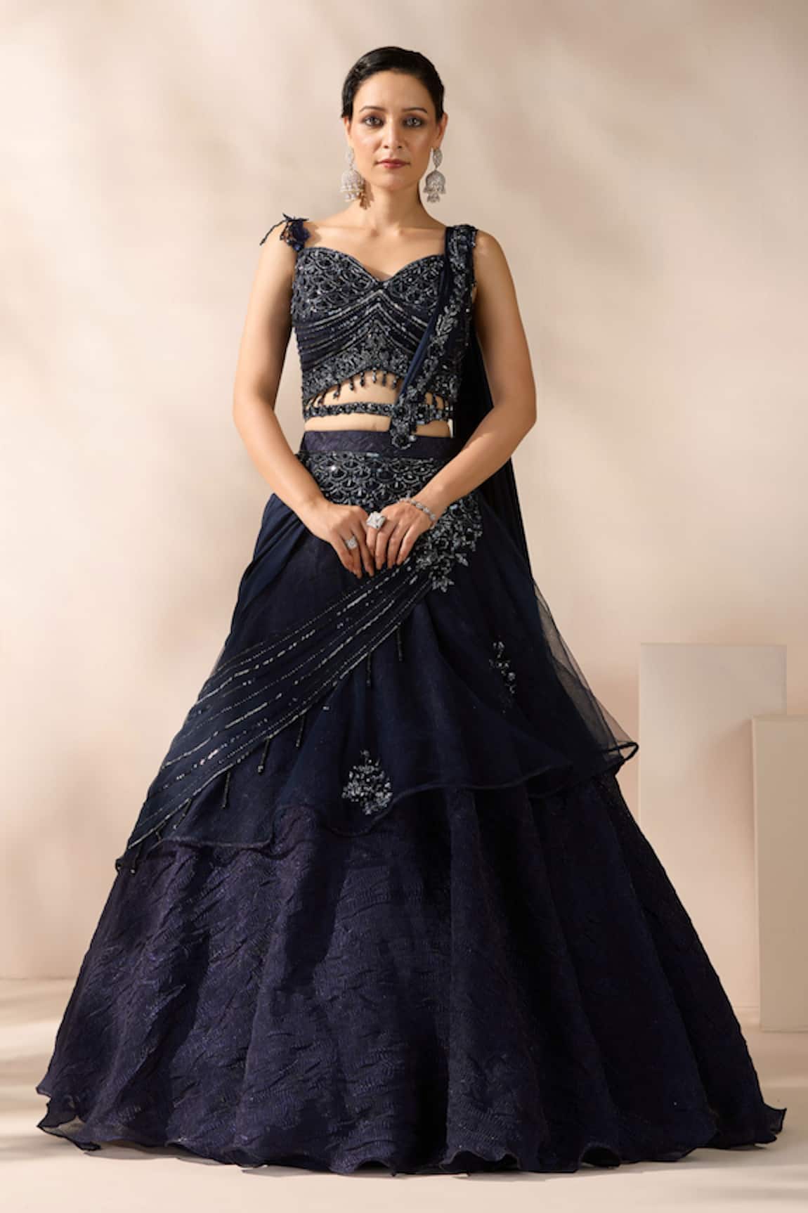 Chaashni by Maansi and Ketan Blue Embellished Fusion Lehenga Set 