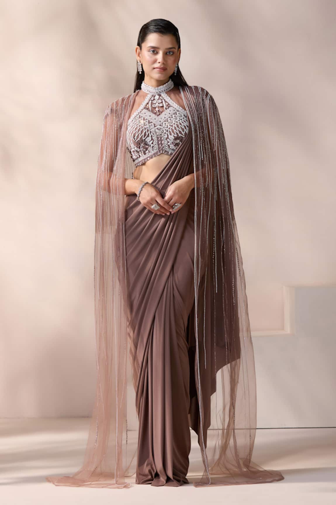 Chaashni by Maansi and Ketan Mouse Net Embroidered Pre-Draped Saree Set 