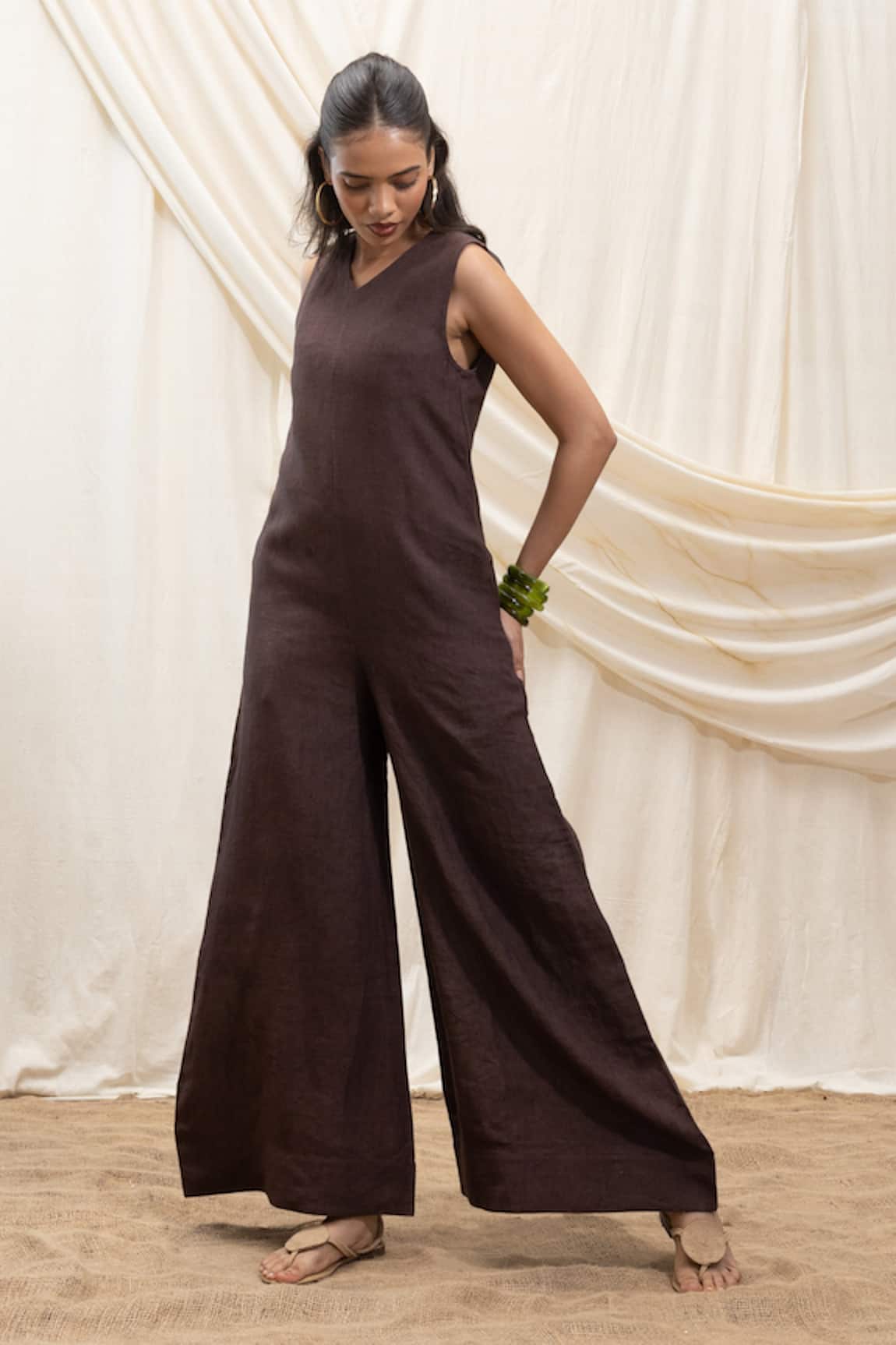 Akashi Clothing Brown Linen Designer Jumpsuit 