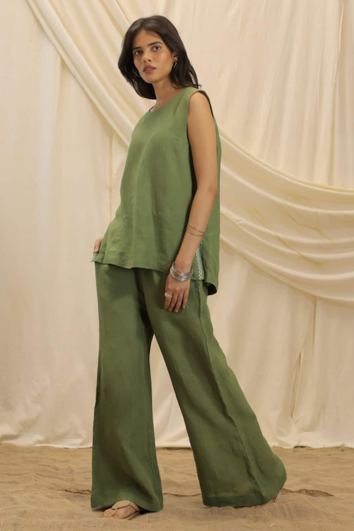 Akashi Clothing Olive Green Linen Top & Pant Set 