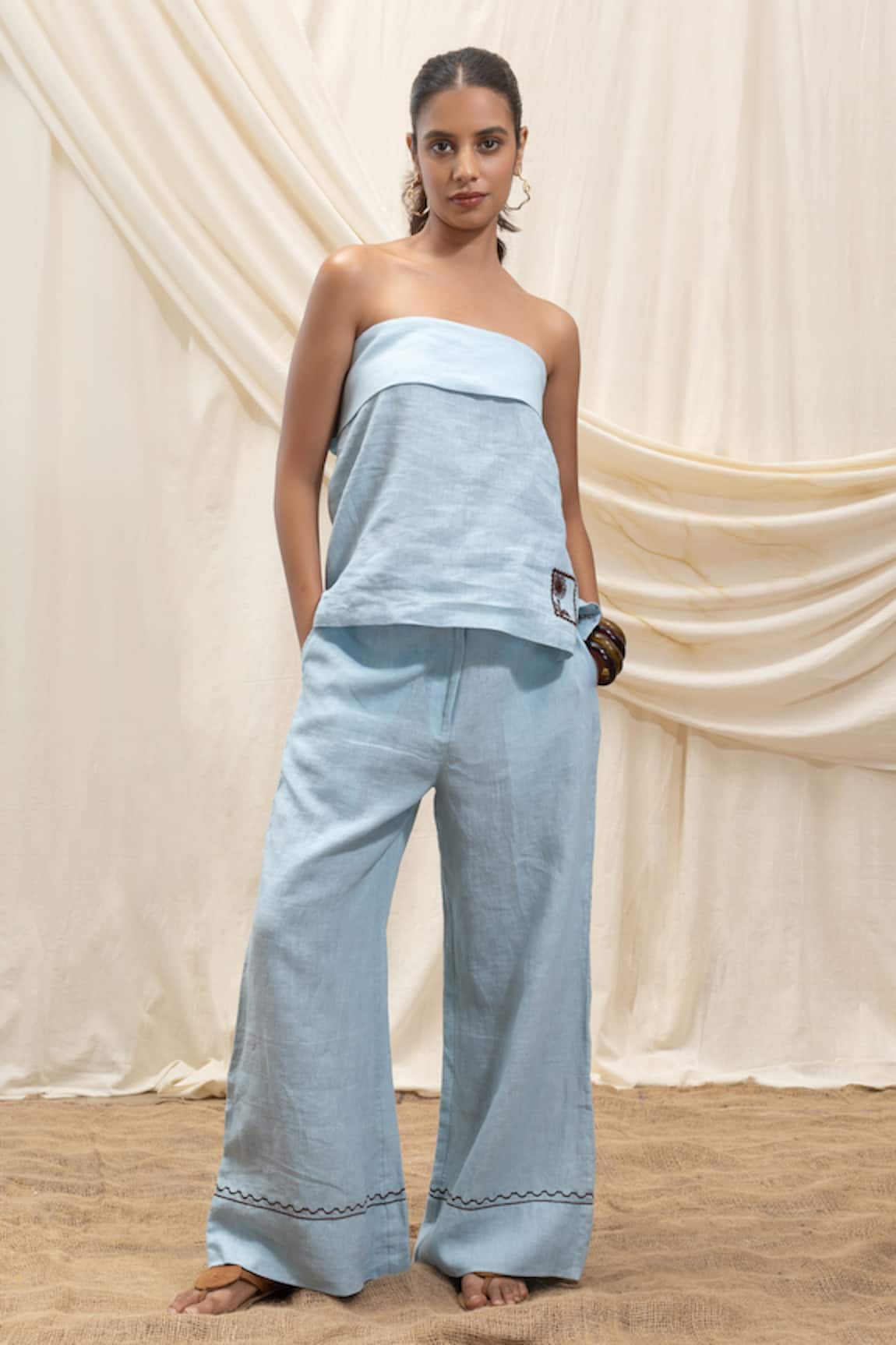 Akashi Clothing Blue Linen Tube Top & Pant Set 