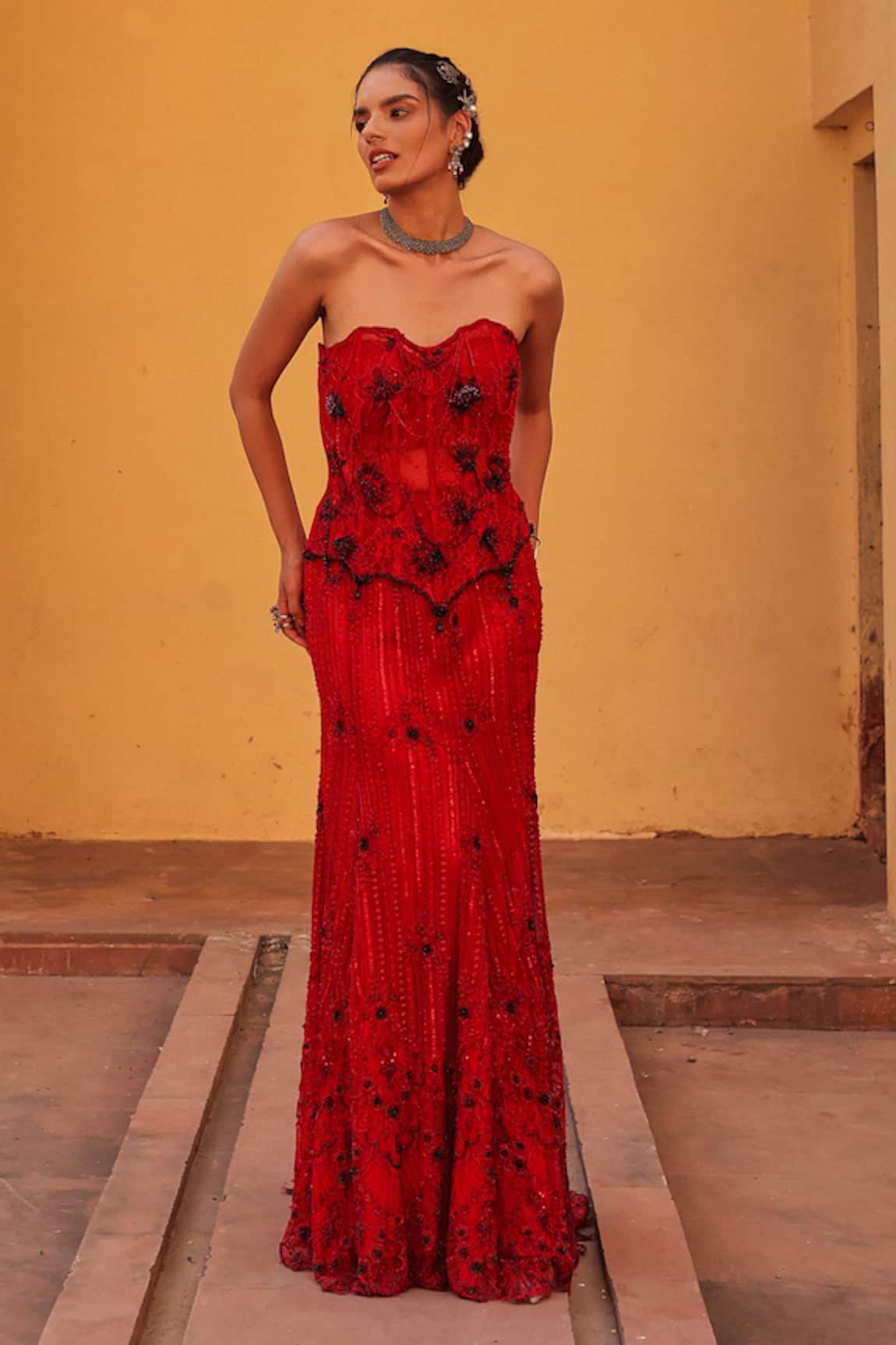 Label Moni K Red Corset Fishcut Skirt Set 