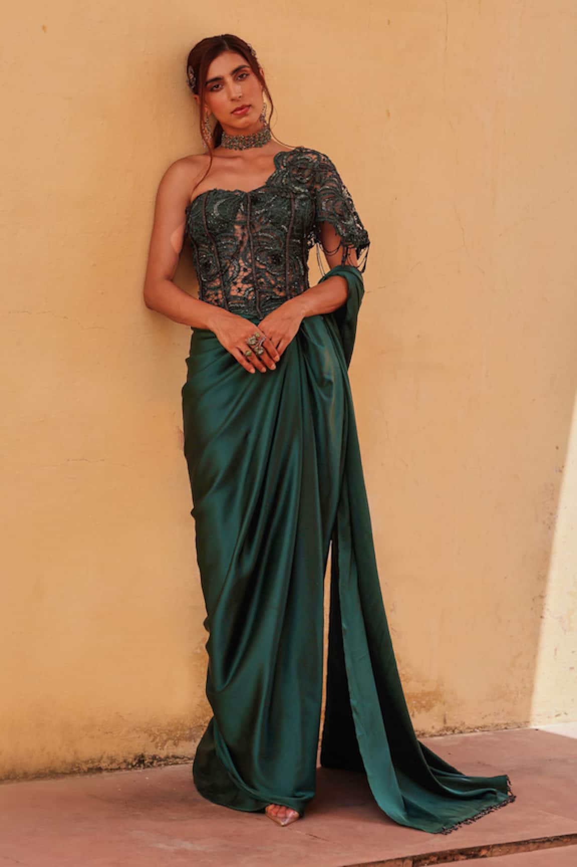 Label Moni K Bottle Green Pre-Draped Saree & Corset 