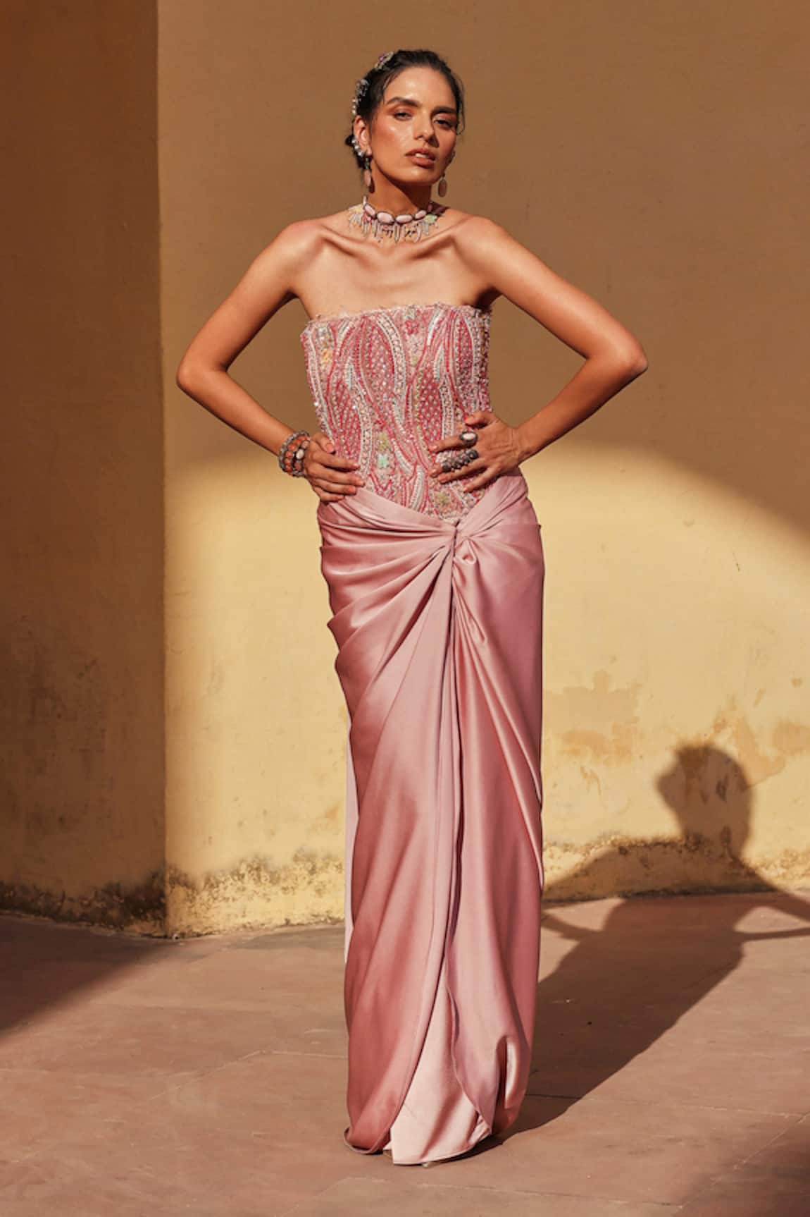 Label Moni K Pink Corset Draped Skirt Set 