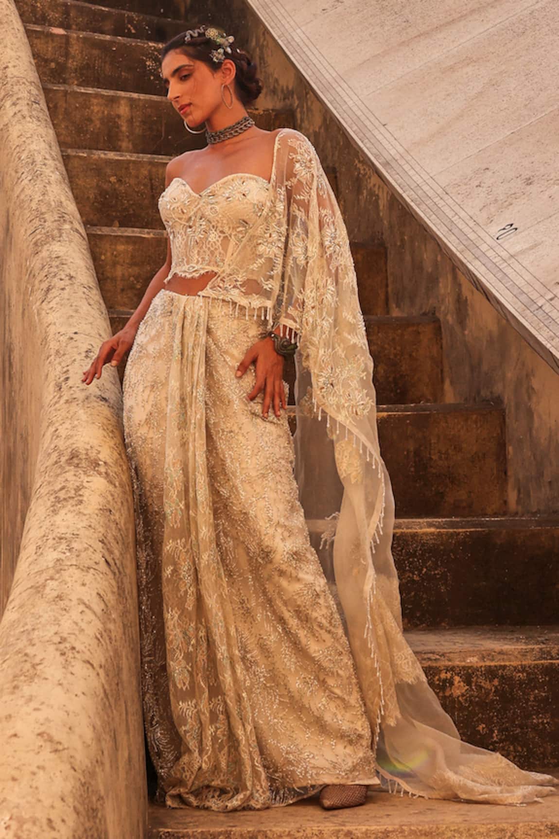 Label Moni K White Chantelle Pre-Draped Saree Set 