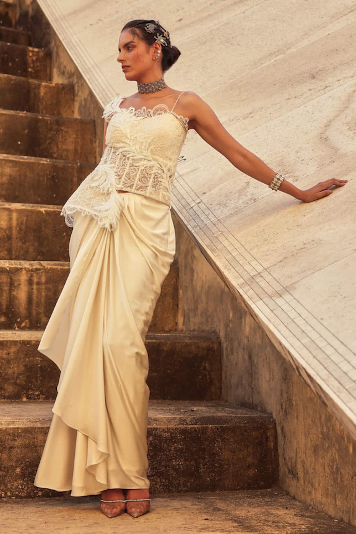 Label Moni K White Corset & Draped Skirt Set 