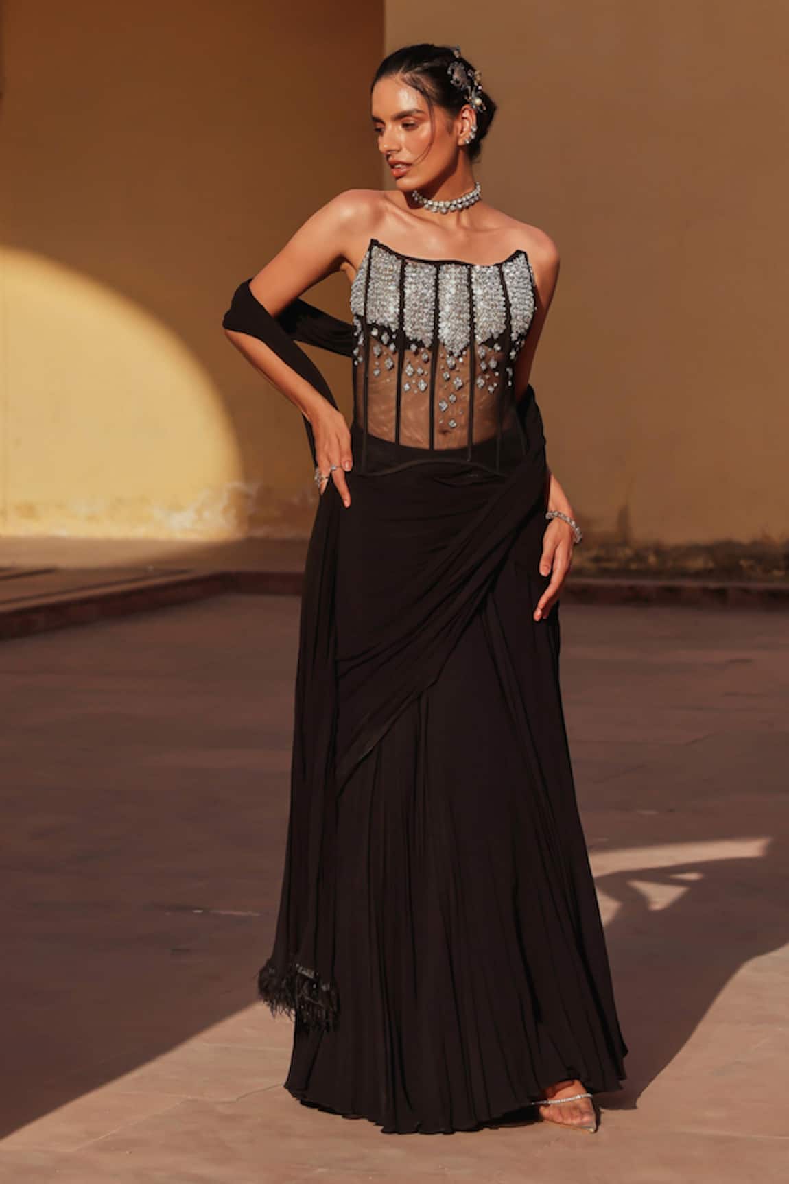 Label Moni K Black Corset & Draped Skirt Set 