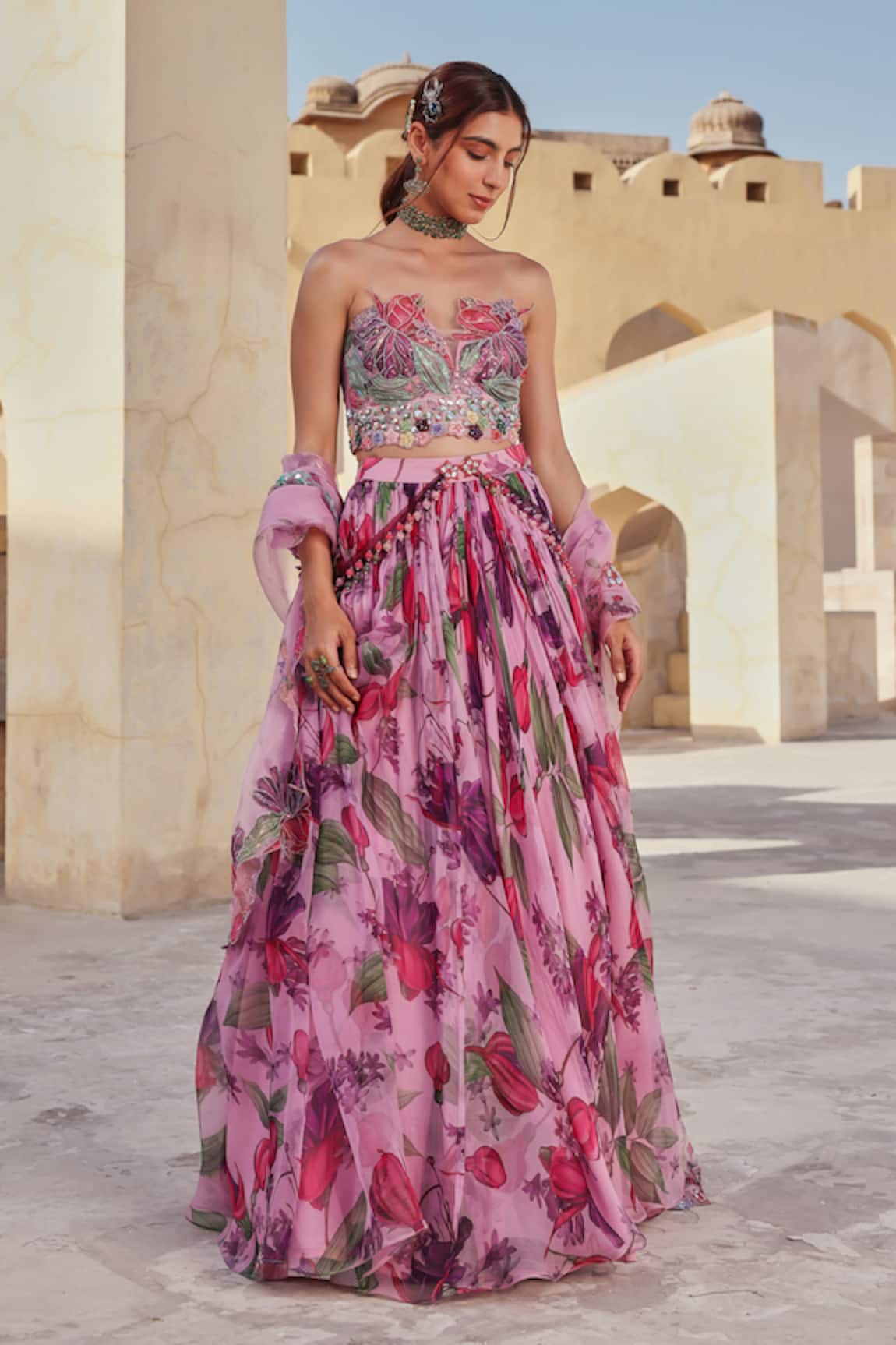 Label Moni K Floral Printed Organza Lehenga Set 