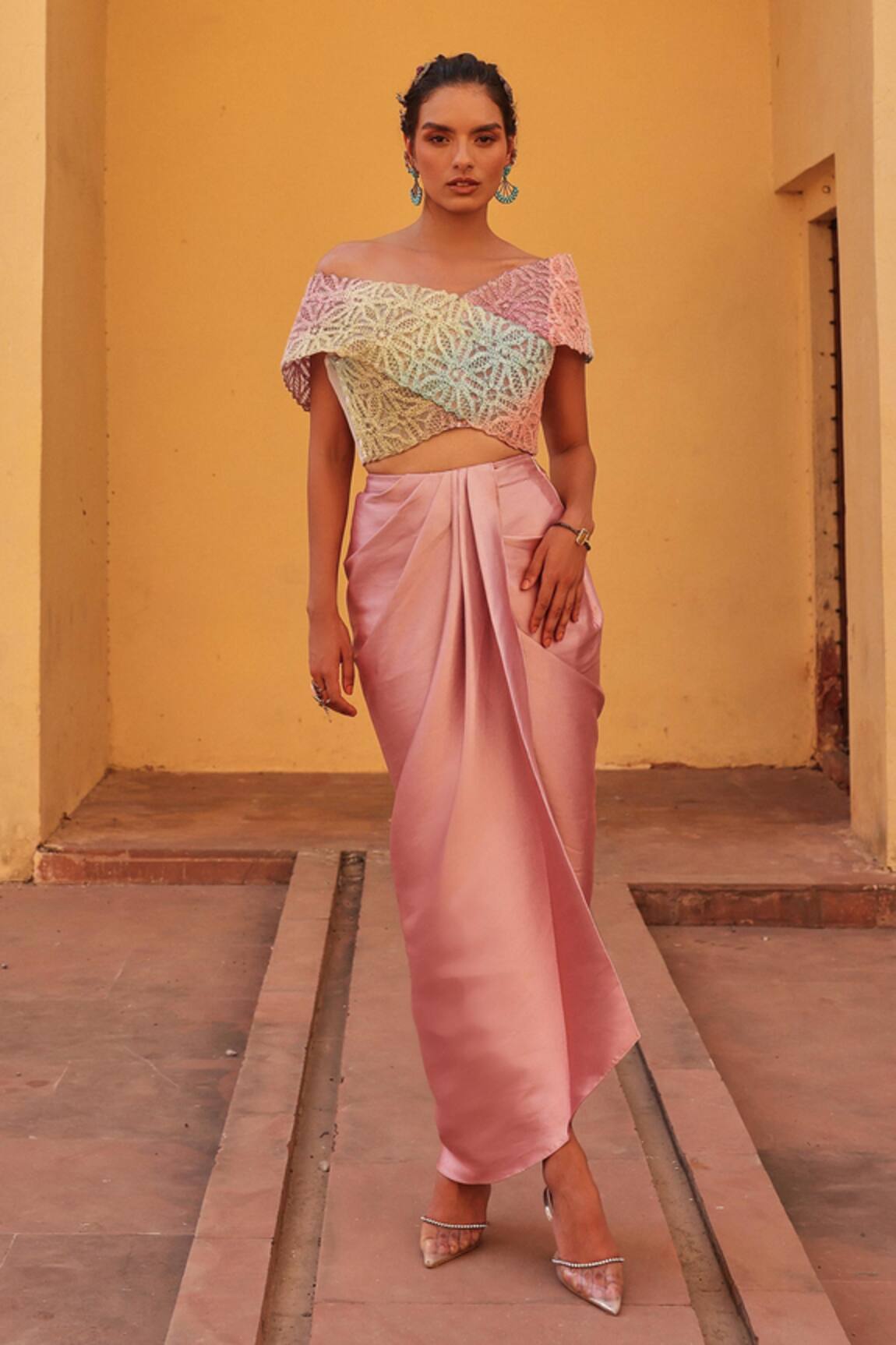 Label Moni K Multi Color Blouse & Draped Skirt Set 
