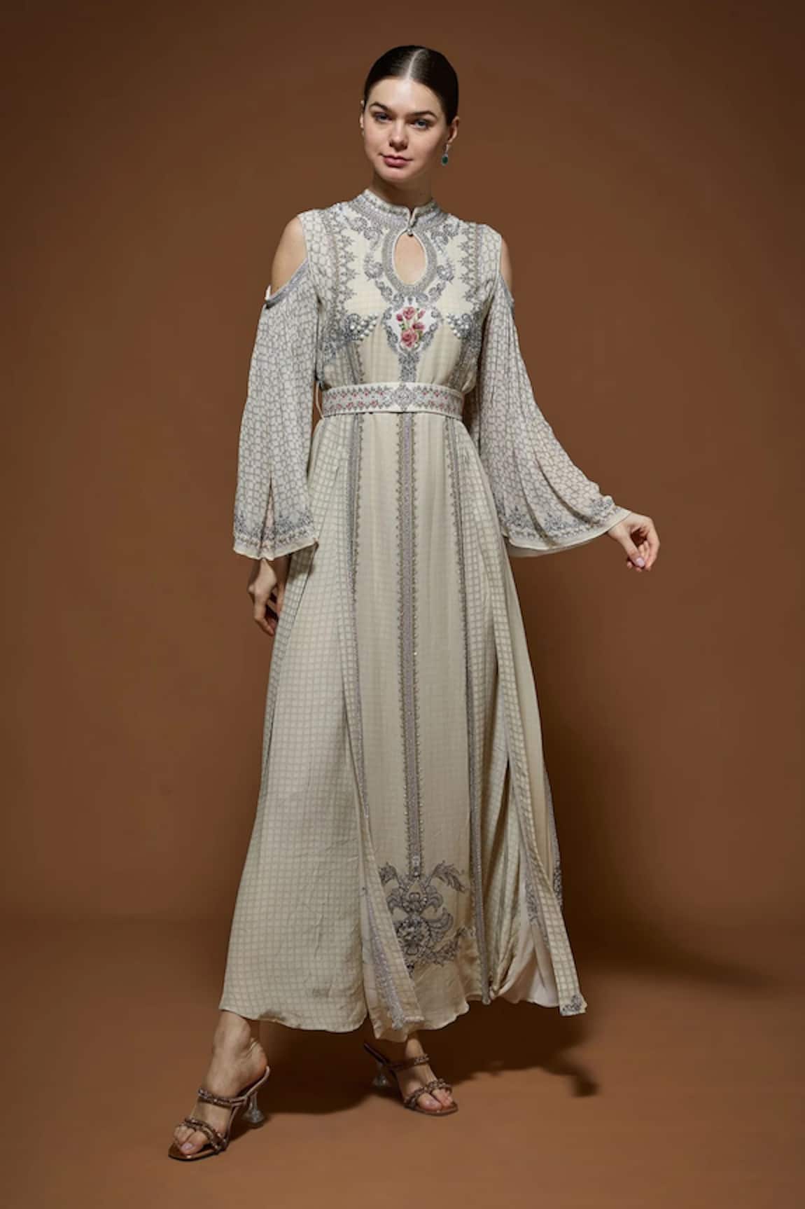 Nirraamyaa Beige Rhinestone Embellished Maxi Dress