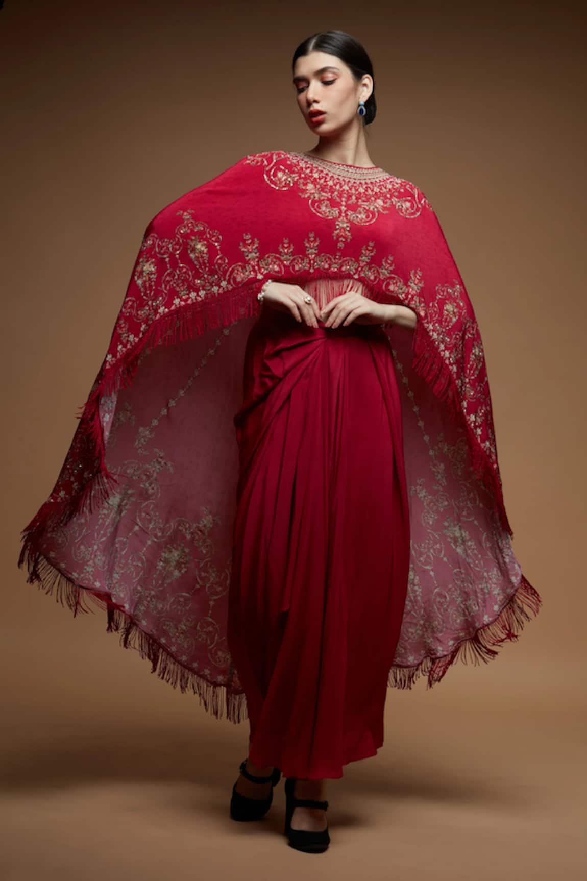 NIRRAAMYAA Red Embroidered Cape Dhoti Skirt Set 