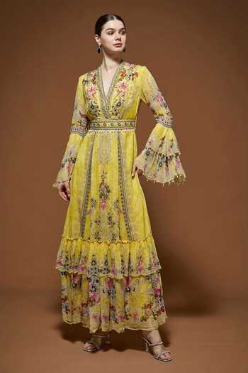 Nirraamyaa Floral Embroidered Maxi Dress With Belt 