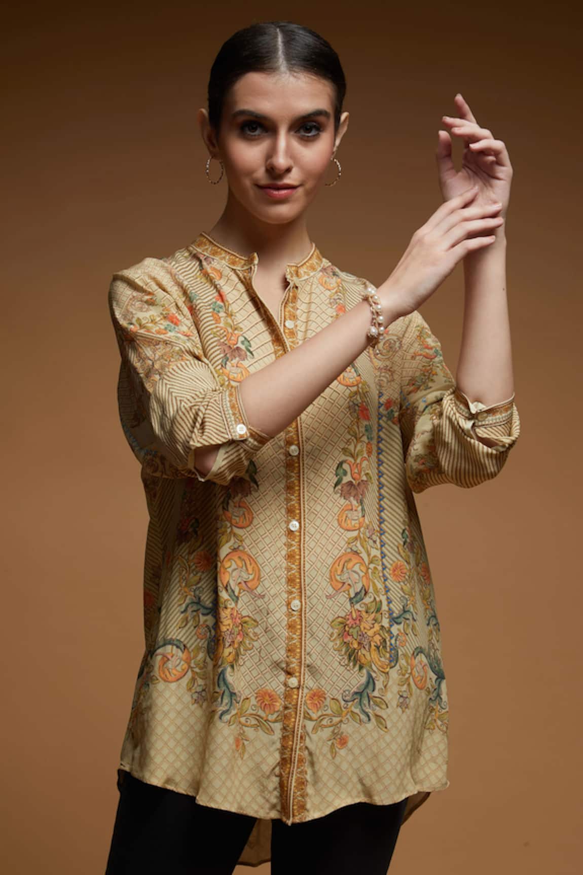 Nirraamyaa Beige Floral Print Designer Shirt 