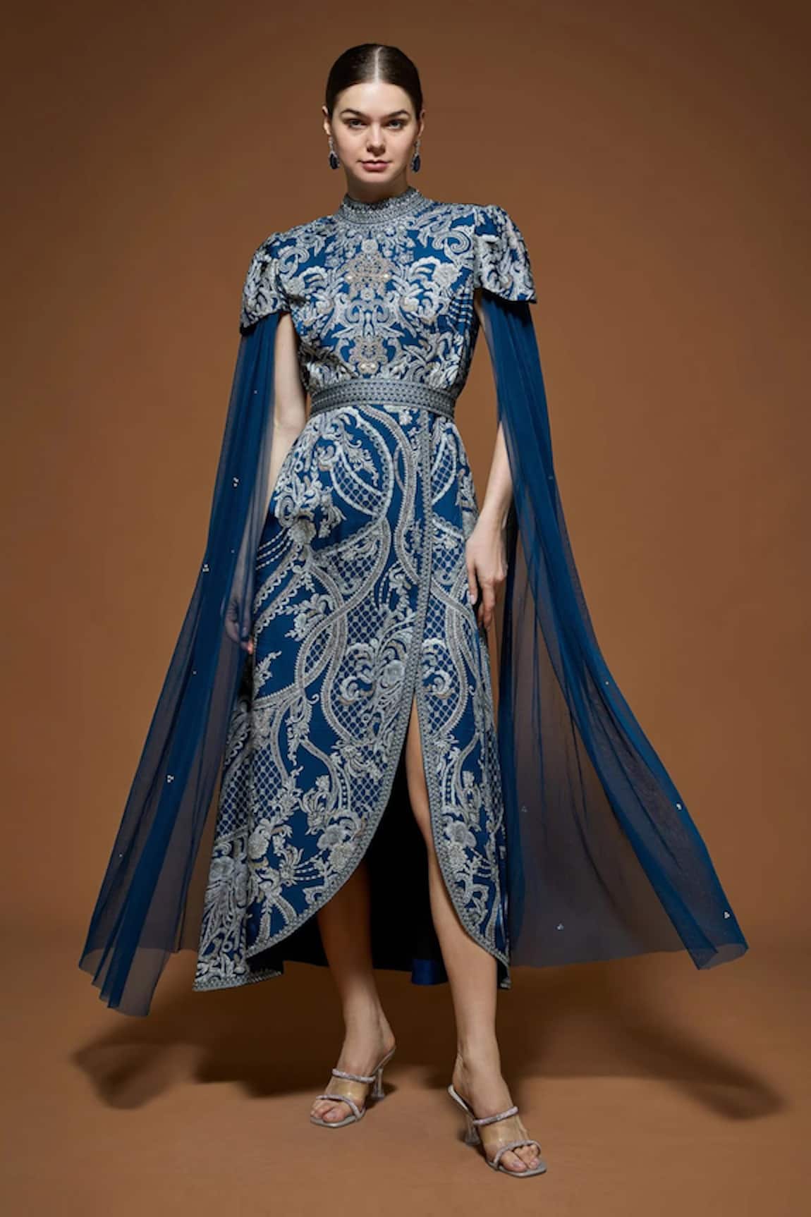 NIRRAAMYAA Designer Blue Midi Dress With Belt 
