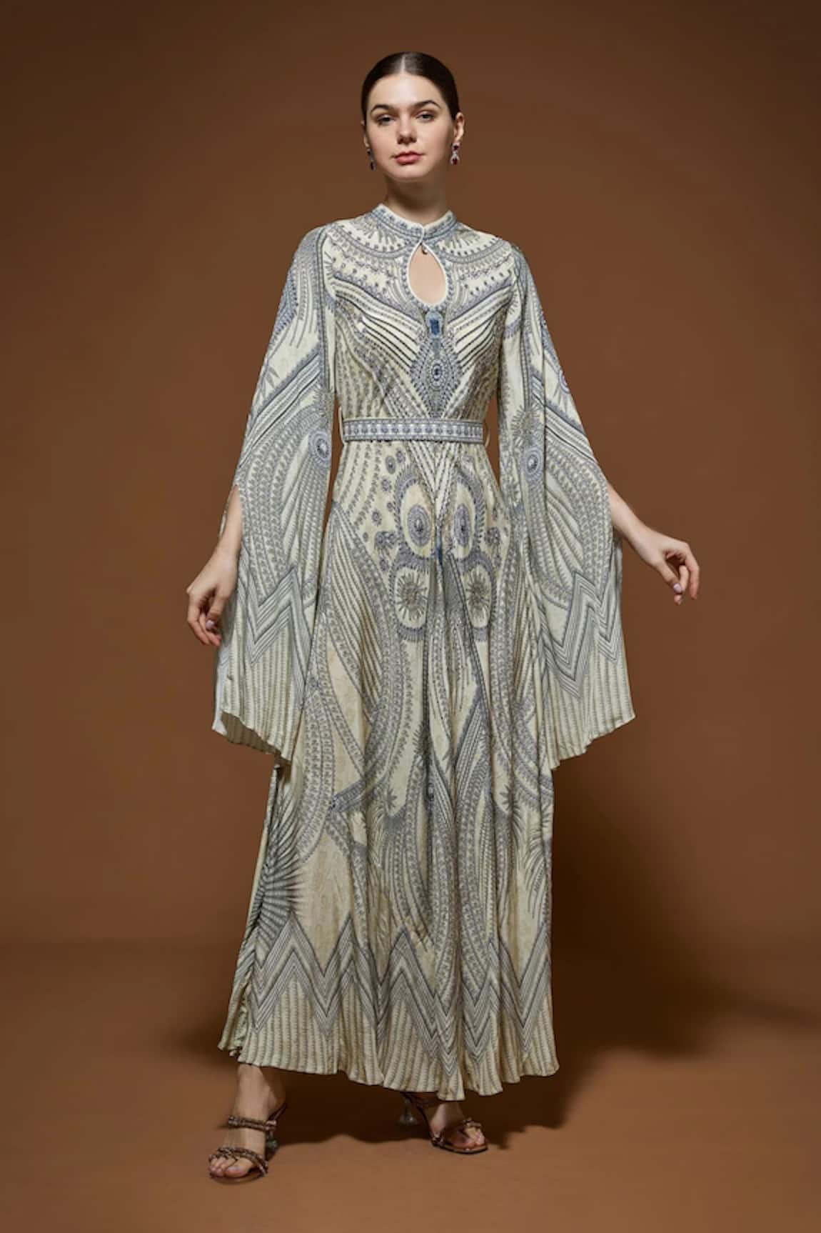 Nirraamyaa Beige Rhinestone Embellished Gown With Belt 