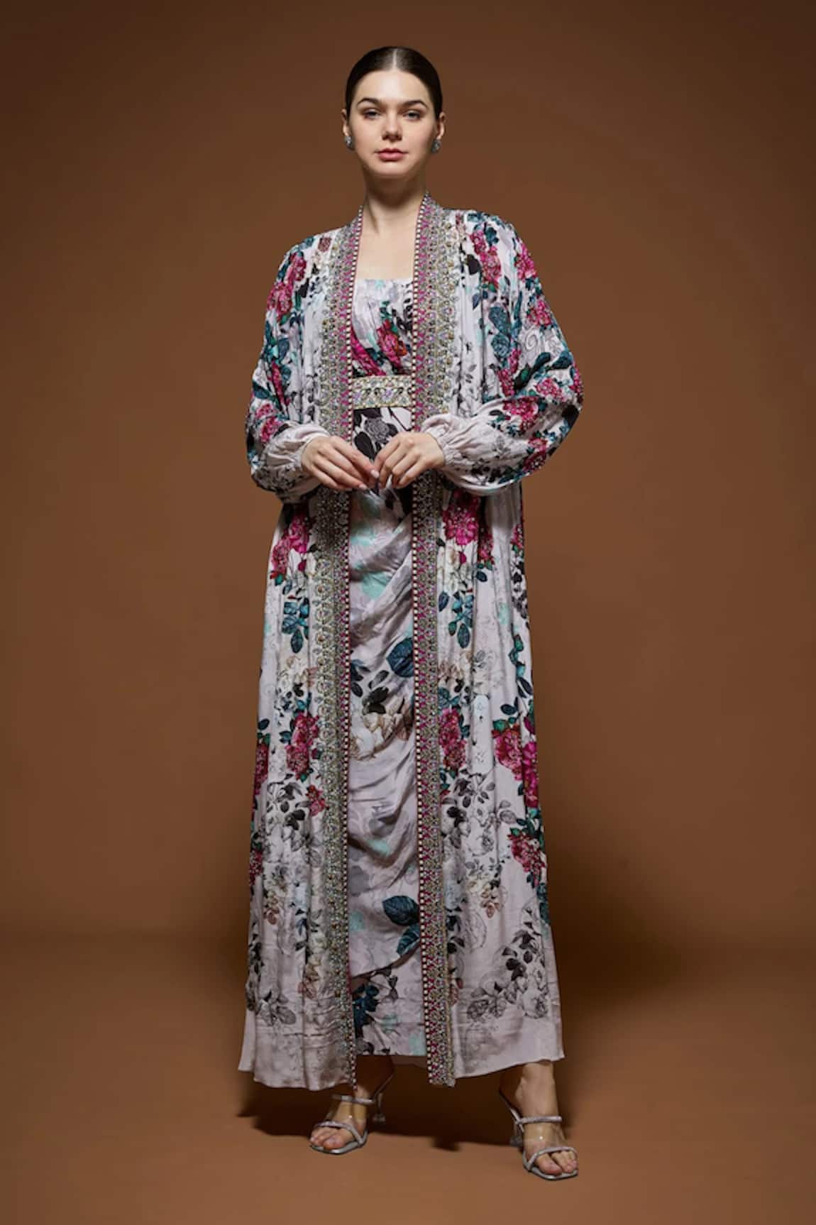 Nirraamyaa Beige Floral Maxi Dress With Cape 