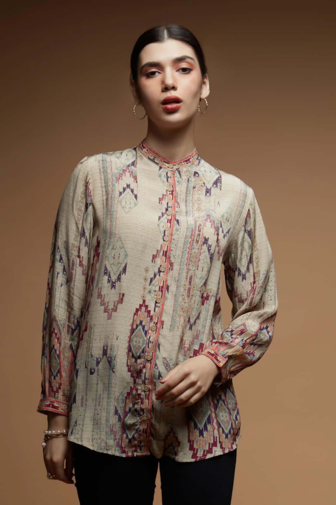 Nirraamyaa Beige Rhinestone Embellished Shirt 