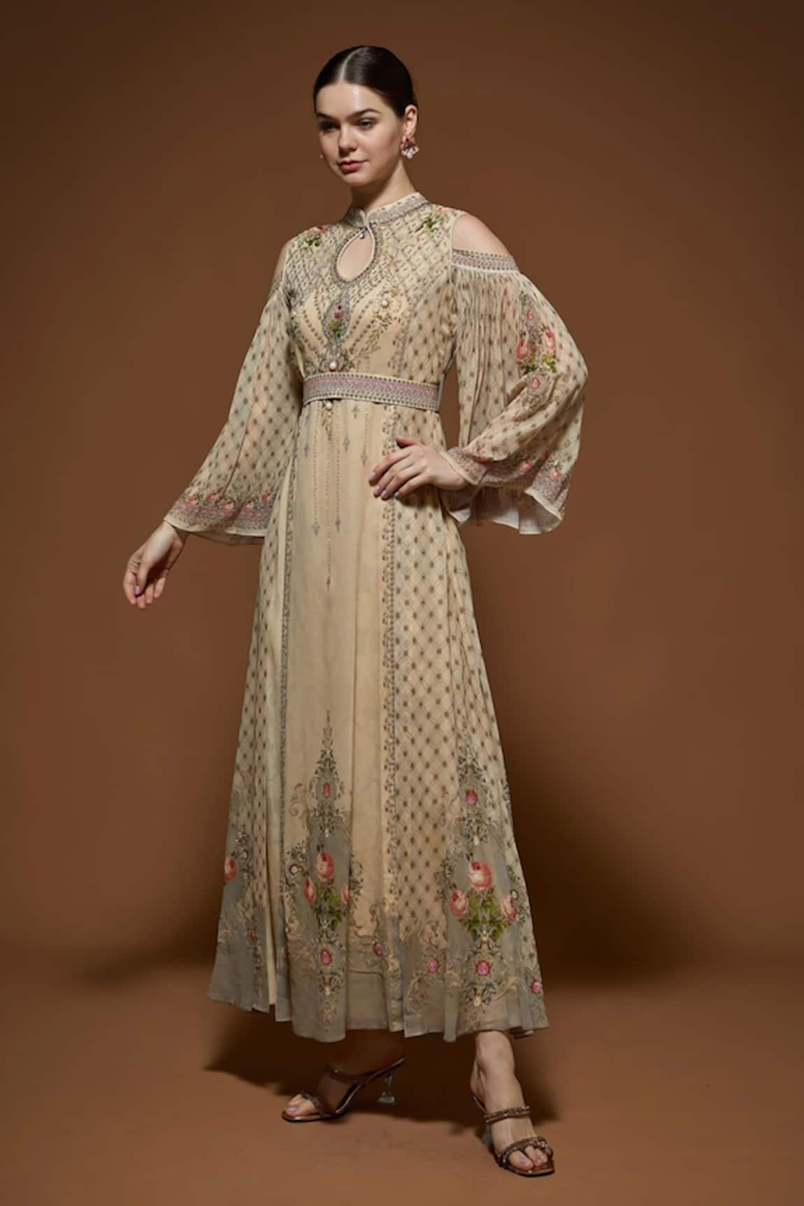 Nirraamyaa Beige Rhinestone Embellished Maxi Dress 