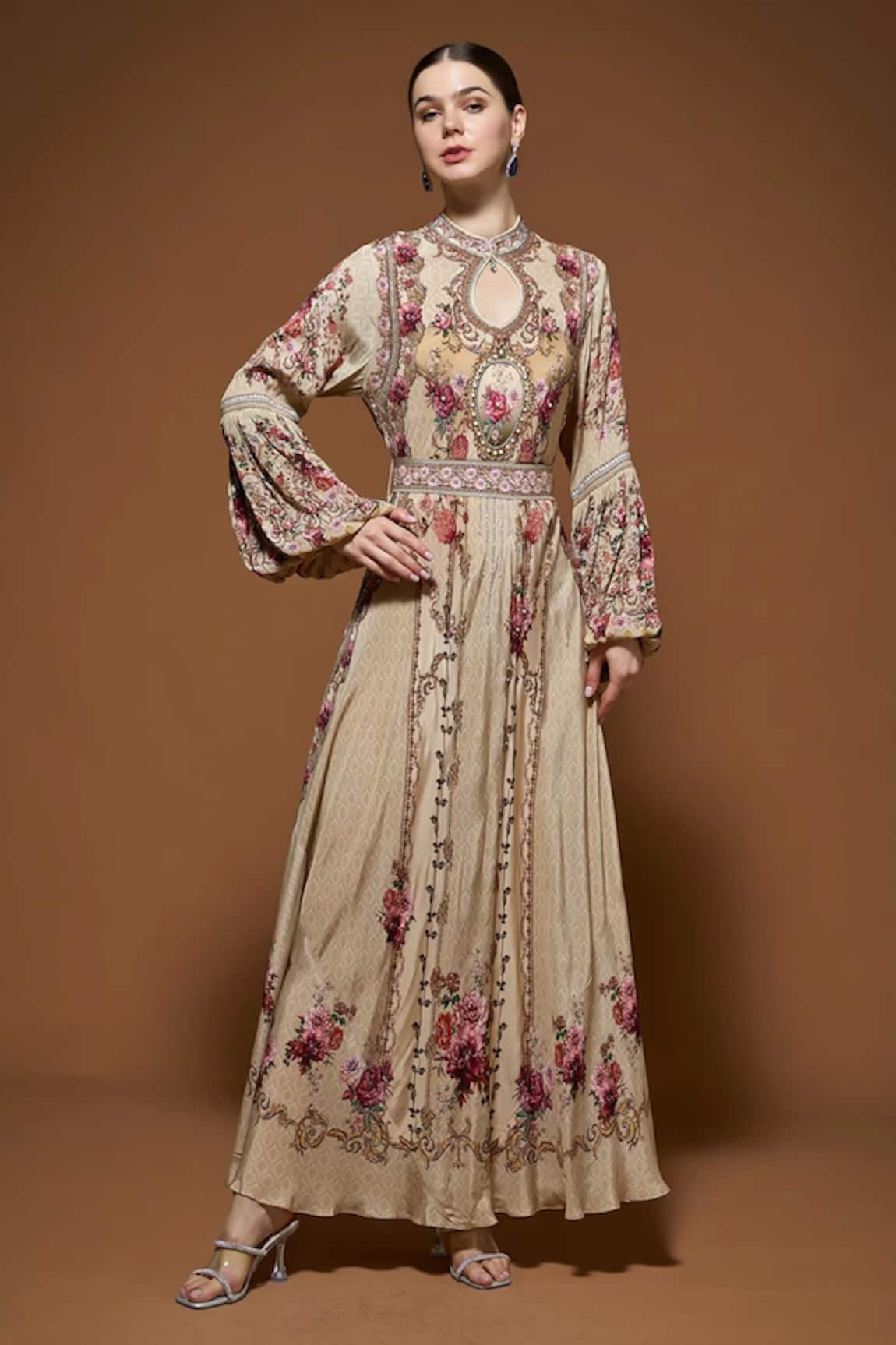 Nirraamyaa Beige Floral Embroidered Gown With Belt 