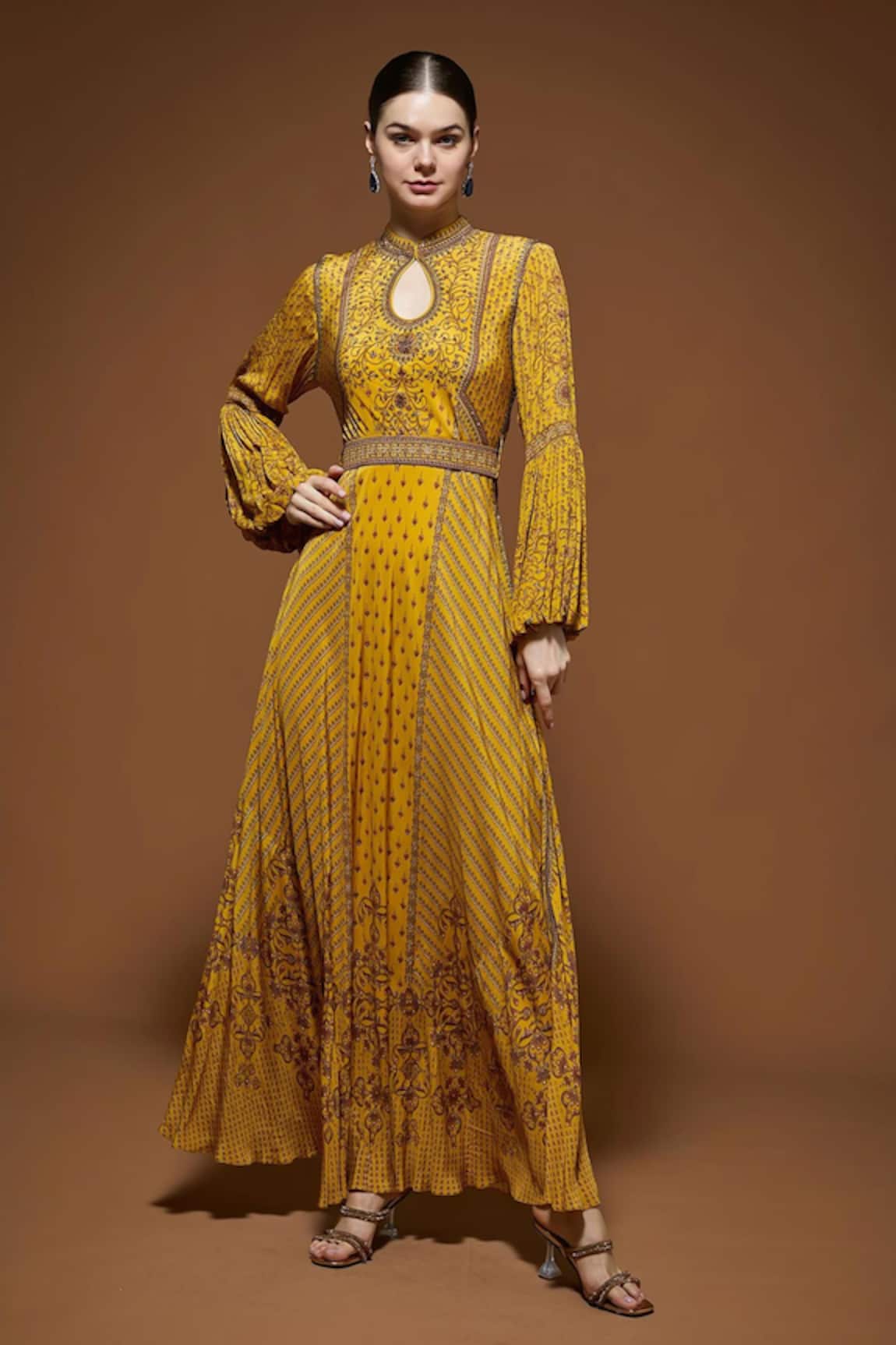 NIRRAAMYAA Mustard Yellow Embroidered Gown With Belt 