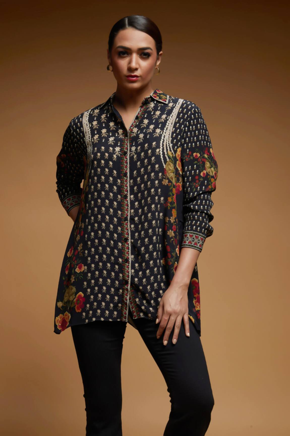 Nirraamyaa Black Rhinestone Embroidered Shirt 