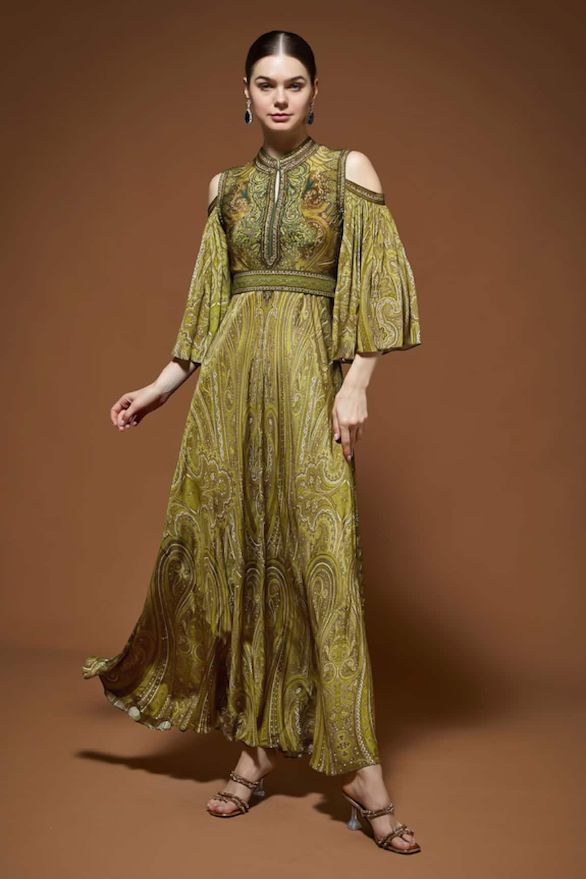 Nirraamyaa Olive Green Designer Gown  