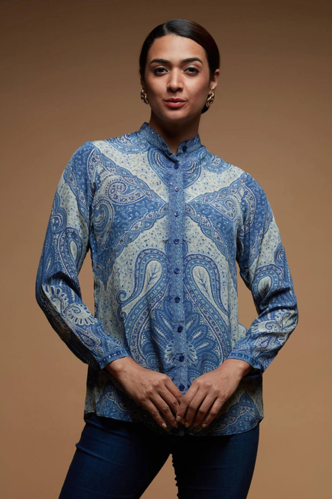 NIRRAAMYAA Blue Paisley Print Designer Shirt 