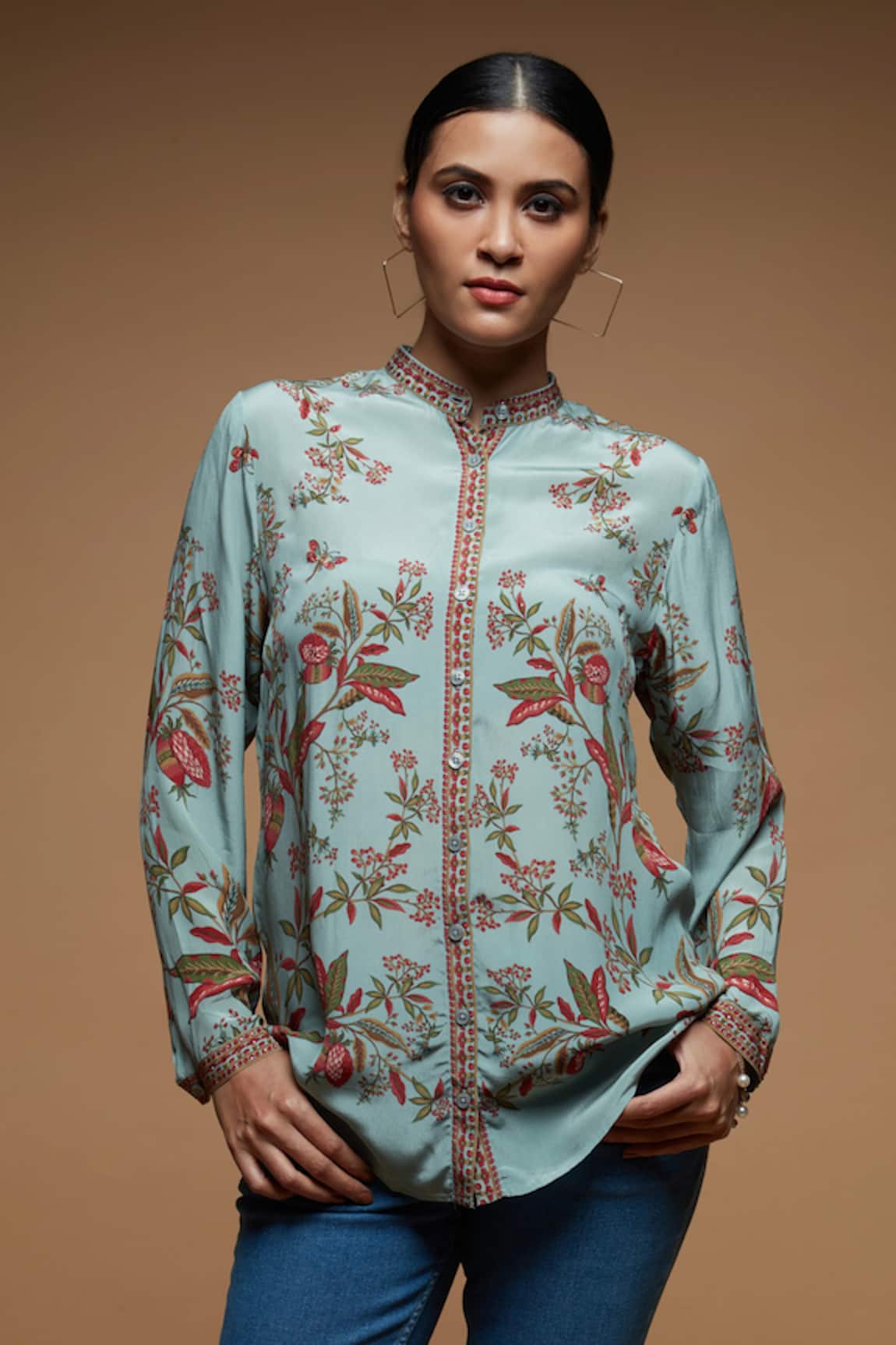 Nirraamyaa Floral Rhinestone Embellished Shirt 