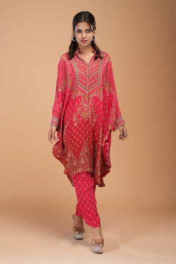 Nirraamyaa Red Rhinestone Embroidered Kaftan Set 