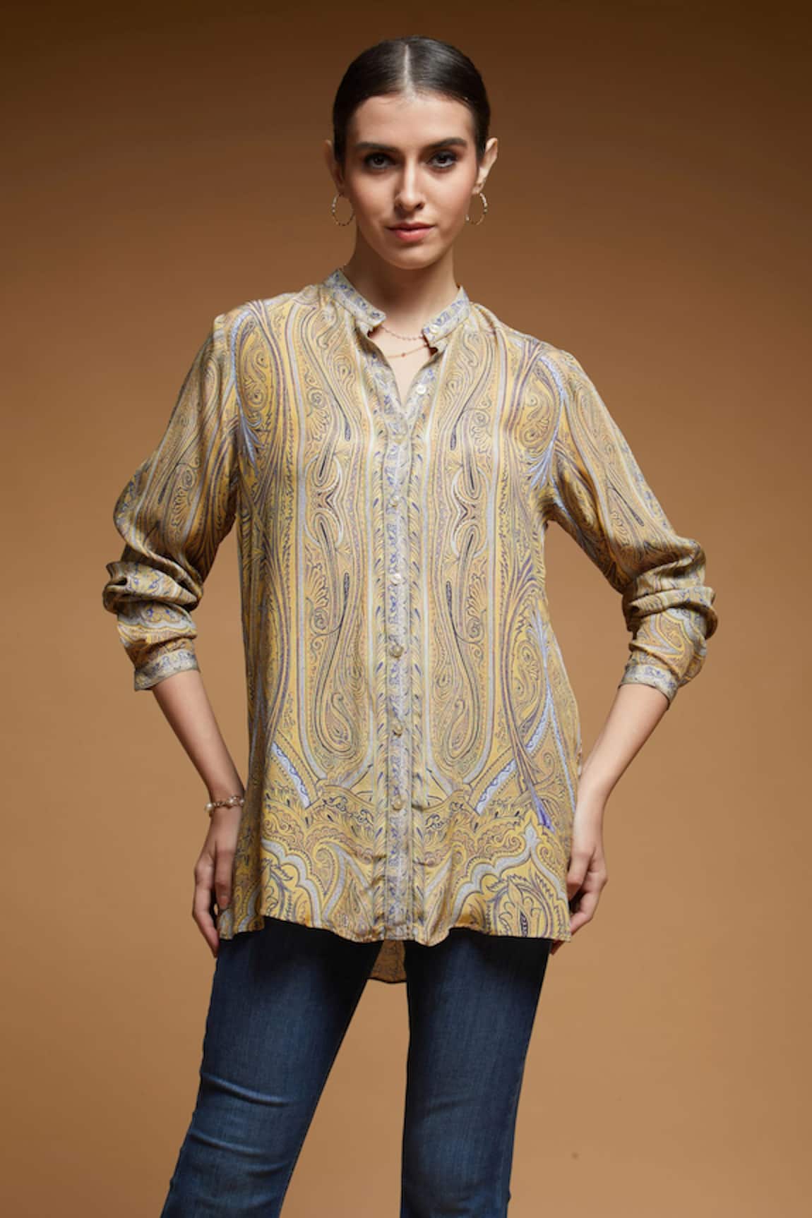 NIRRAAMYAA Mustard Yellow Rhinestone Embroidered Shirt 