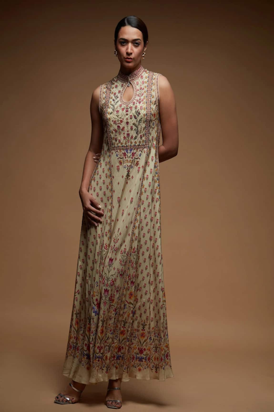 NIRRAAMYAA Beige Rhinestone Embroidered Gown 