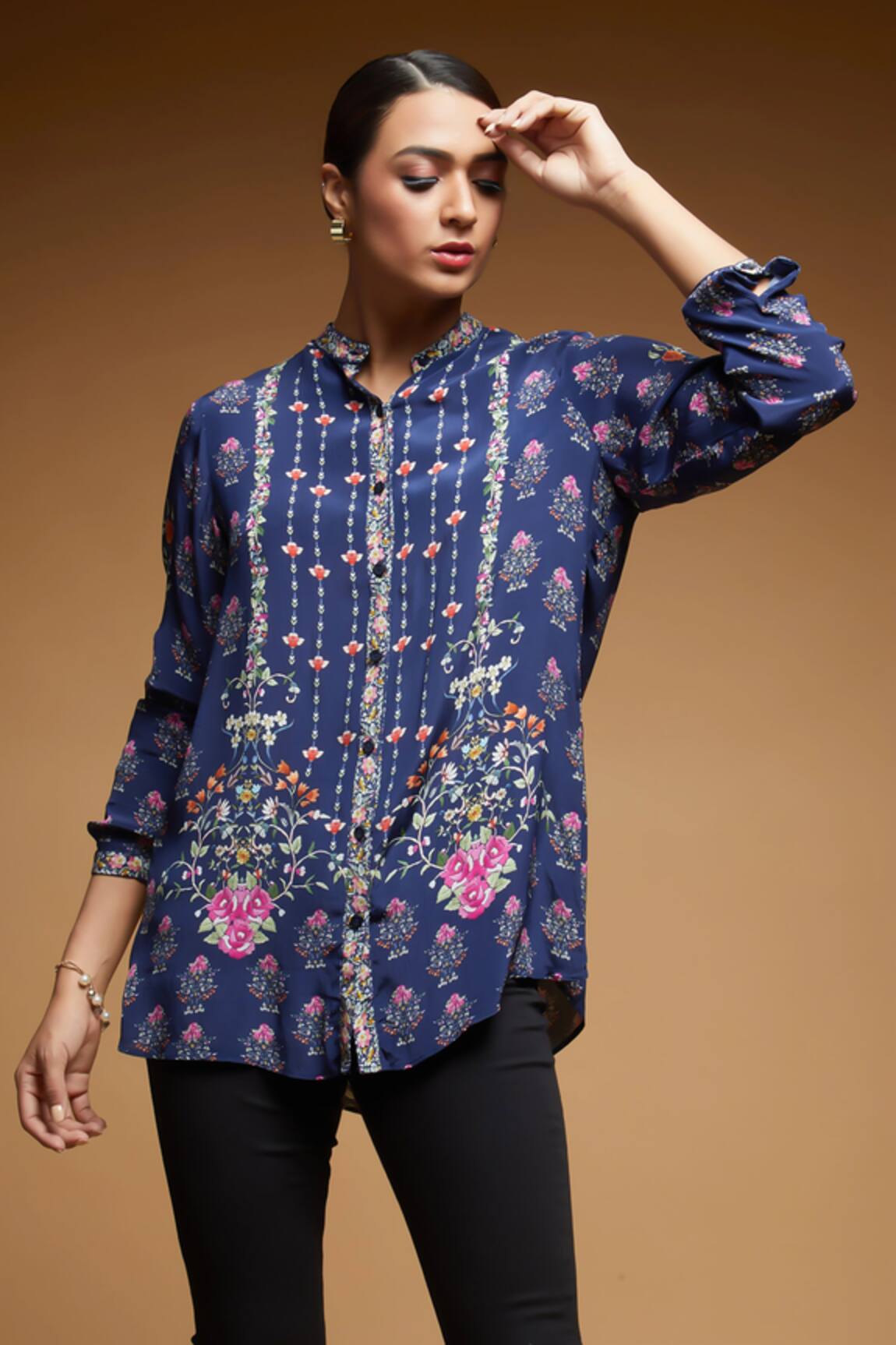 NIRRAAMYAA Blue Floral Embroidered Shirt 