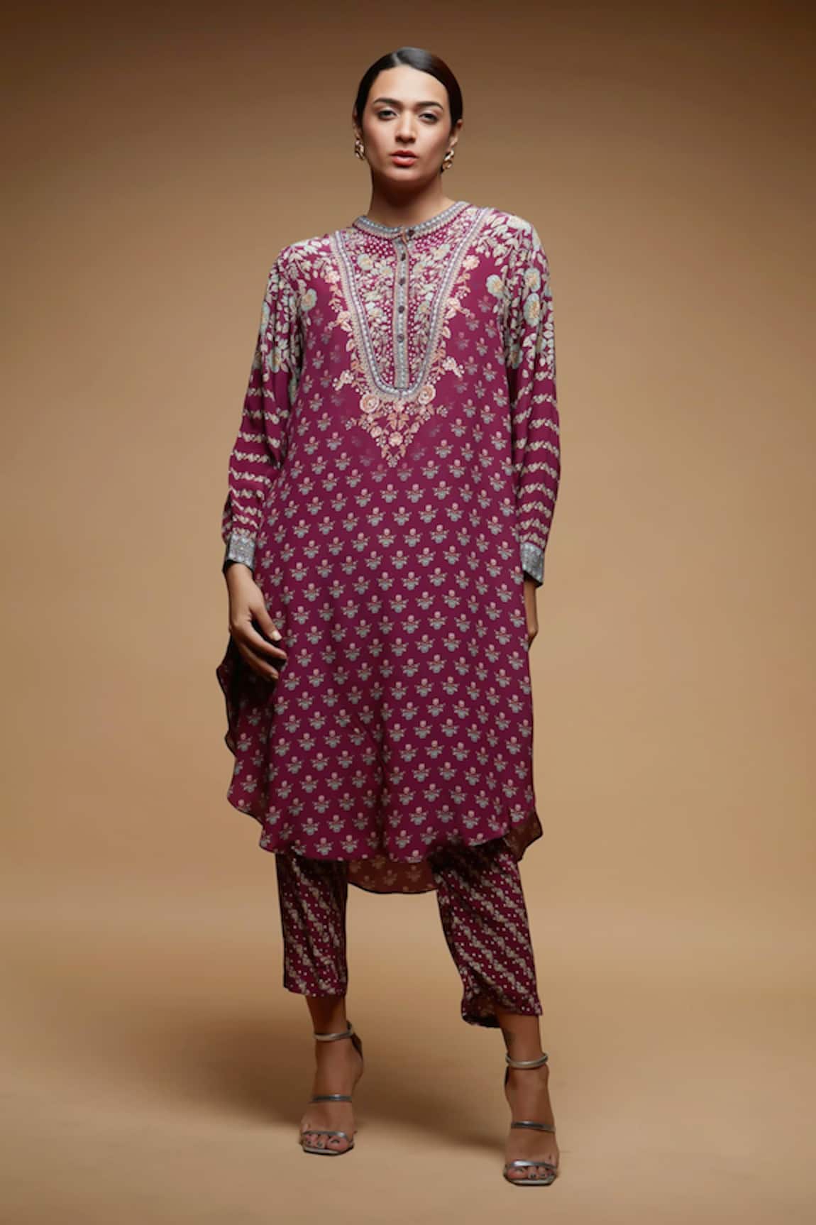 NIRRAAMYAA Wine Rhinestone Embroidered Kurta Set 