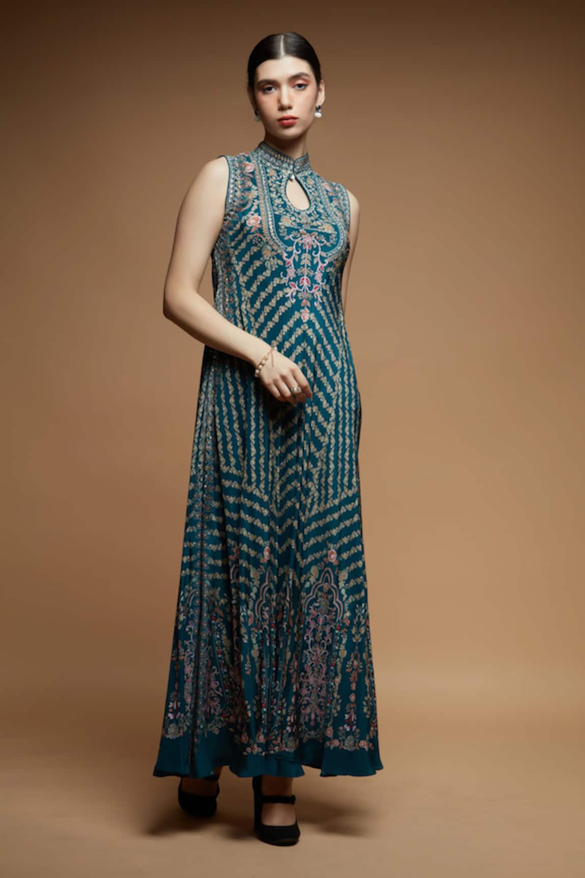 NIRRAAMYAA Teal Rhinestone Embellished Gown 