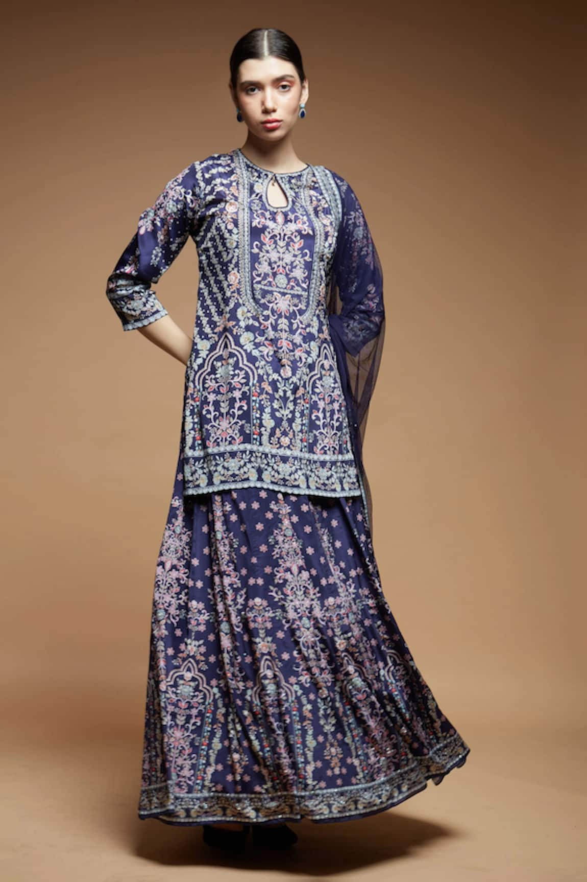 NIRRAAMYAA Blue Rhinestone Embroidered Lehenga Set 