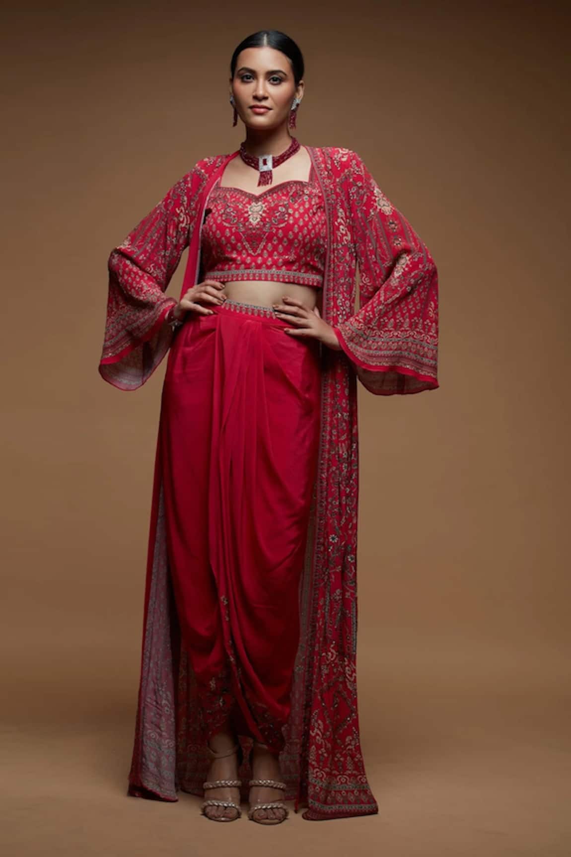 NIRRAAMYAA Red Embroidered Cape Dhoti Set 