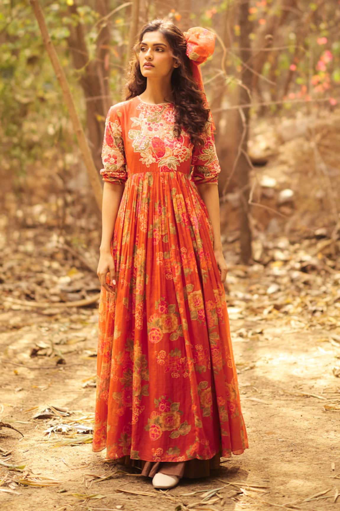 Paulmi and Harsh Red Orange Chanderi Maxi Dress & Scarf 