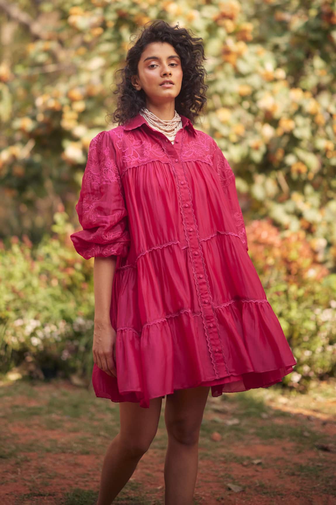 Paulmi and Harsh Hot Pink Embroidered Short Dress 
