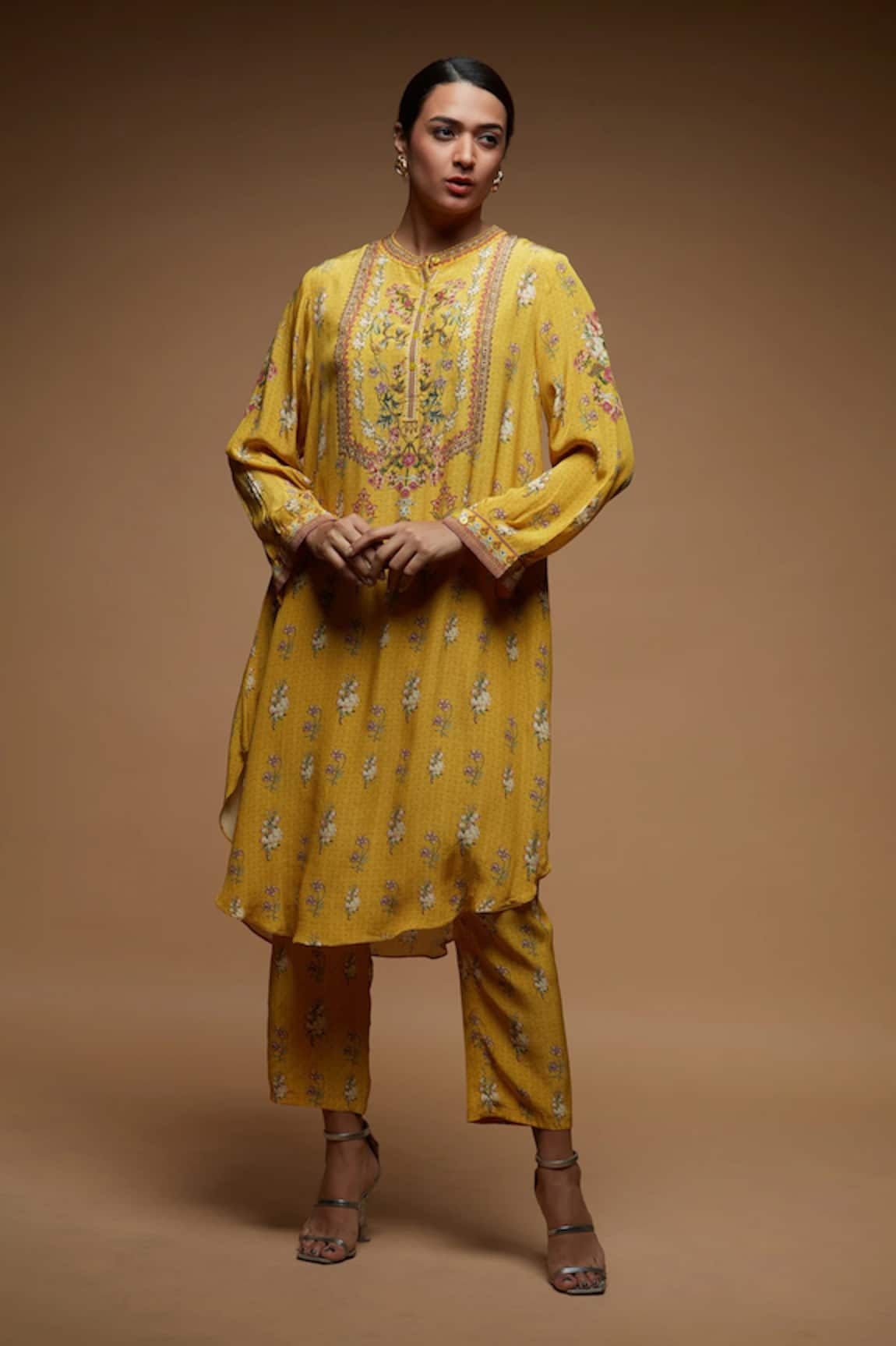 NIRRAAMYAA Beige Kurta Pant Set With Rhinestones 