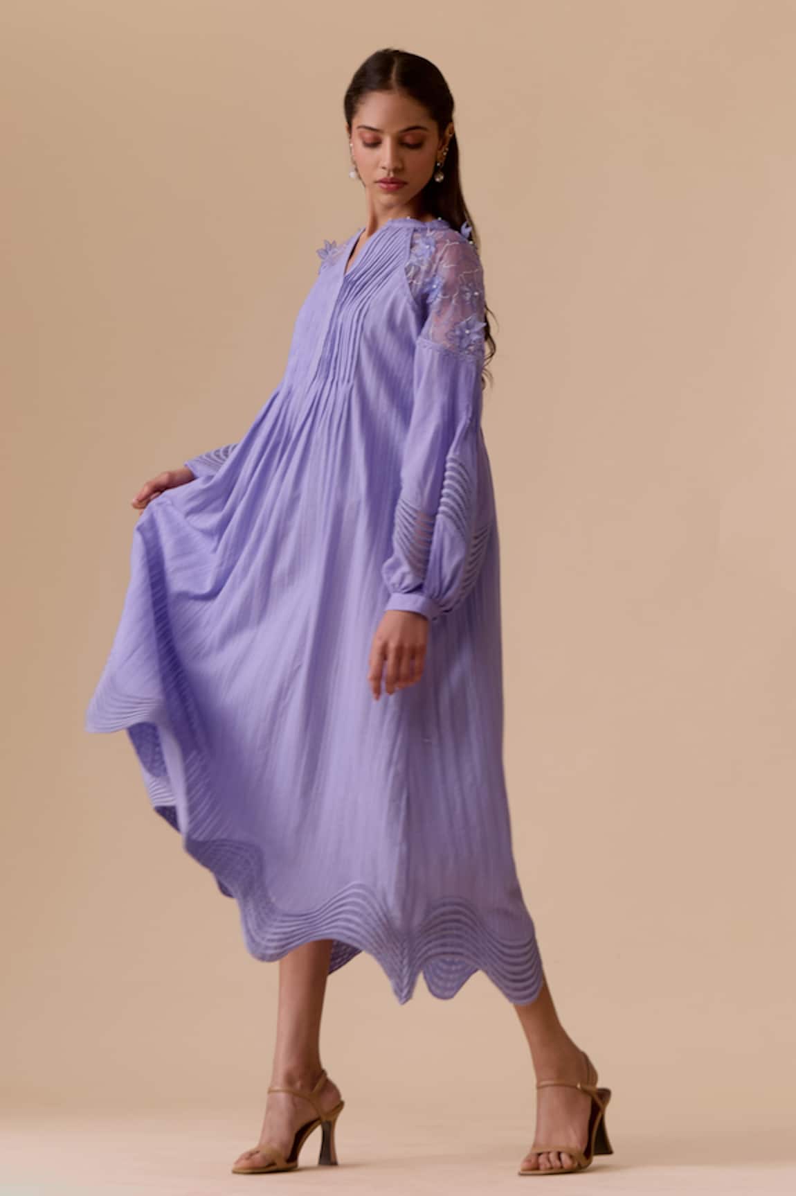 BUNKA Lilac Designer Midi Dress with Belt 