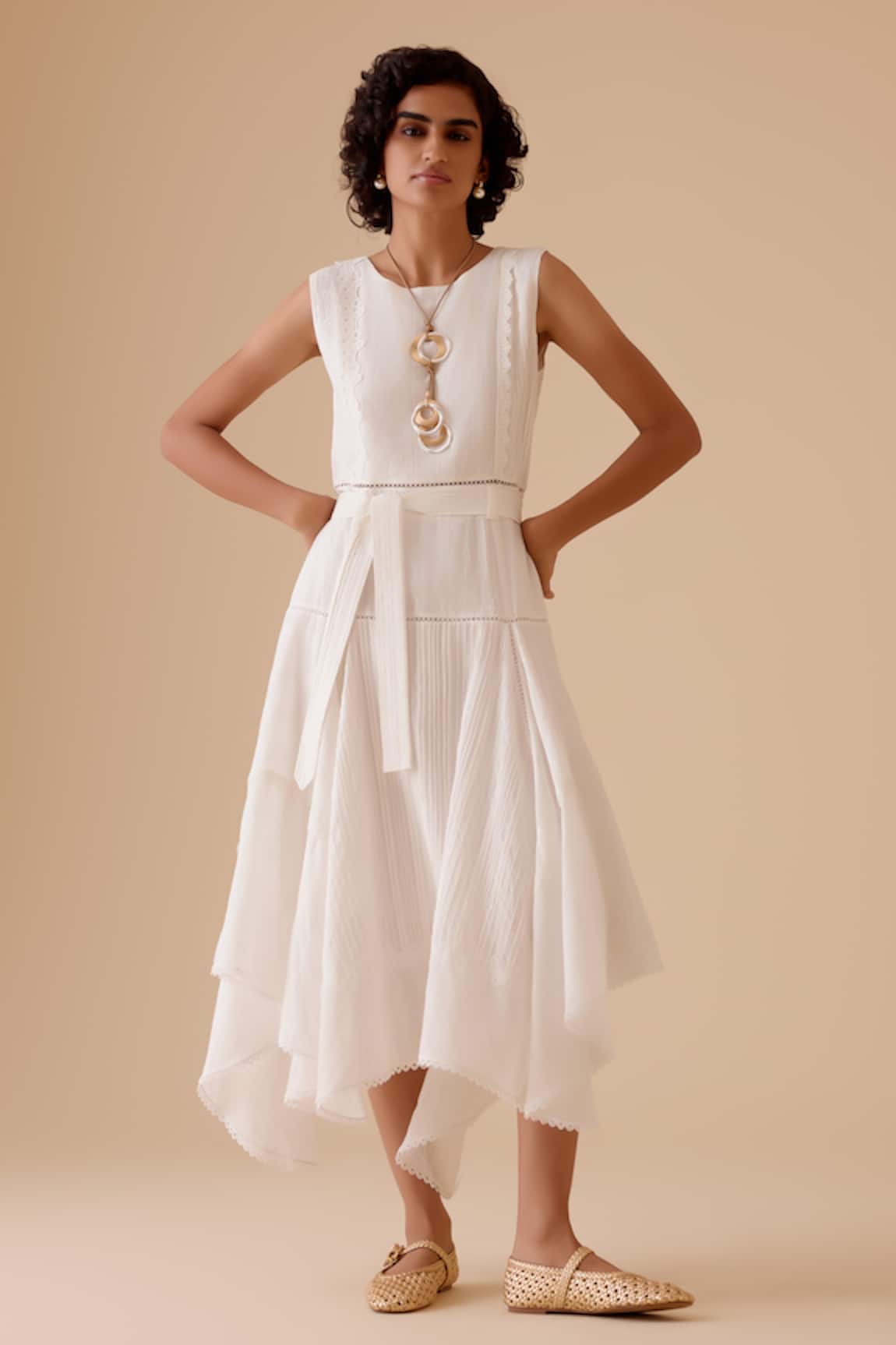 BUNKA Ivory Designer Midi Dress With Belt 