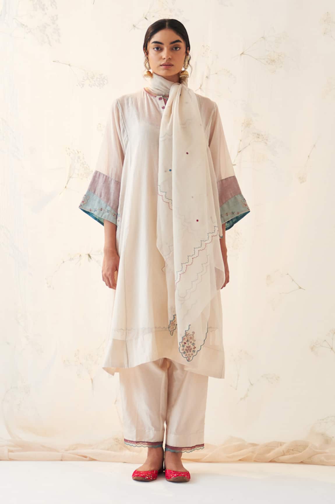 JANKI INDIA Ivory Chanderi Embroidered Kurta Set 