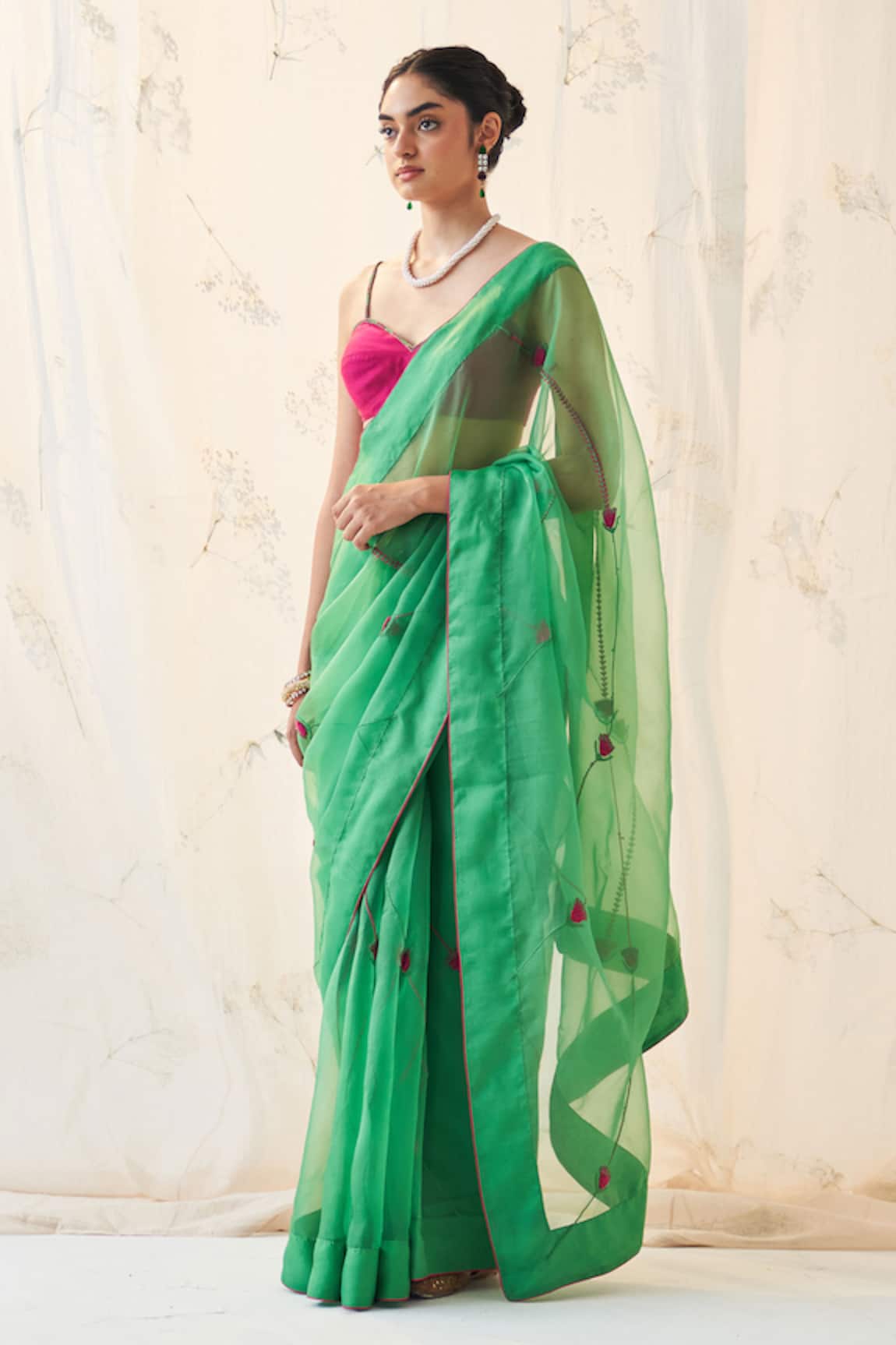 JANKI INDIA Emerald Green Organza Saree Set 