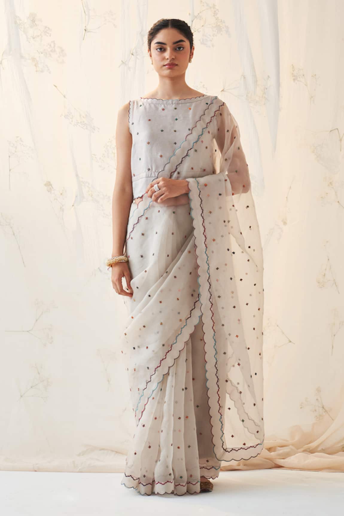 JANKI INDIA Ivory Organza Saree Set with Blouse 
